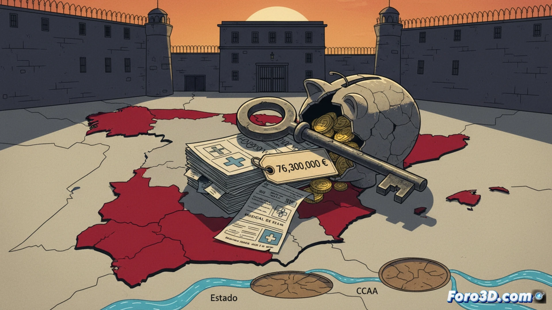 Una balanza desequilibrada con billetes de euro apilados a un lado, frente a un mapa de Espana con las comunidades autonomas de Madrid, Andalucia y Baleares resaltadas en rojo, y un grafico de barras que muestra la deuda de 76 millones.