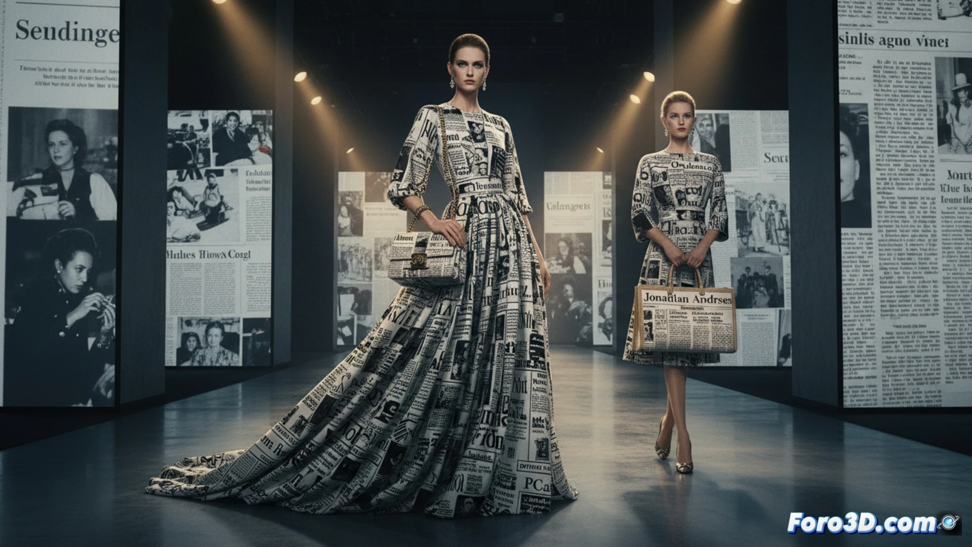 Una modelo luce un vestido de Dior con estampado de periódico, sosteniendo un bolso cubierto de tipografías de prensa, evocando la elegancia de Grace Kelly.