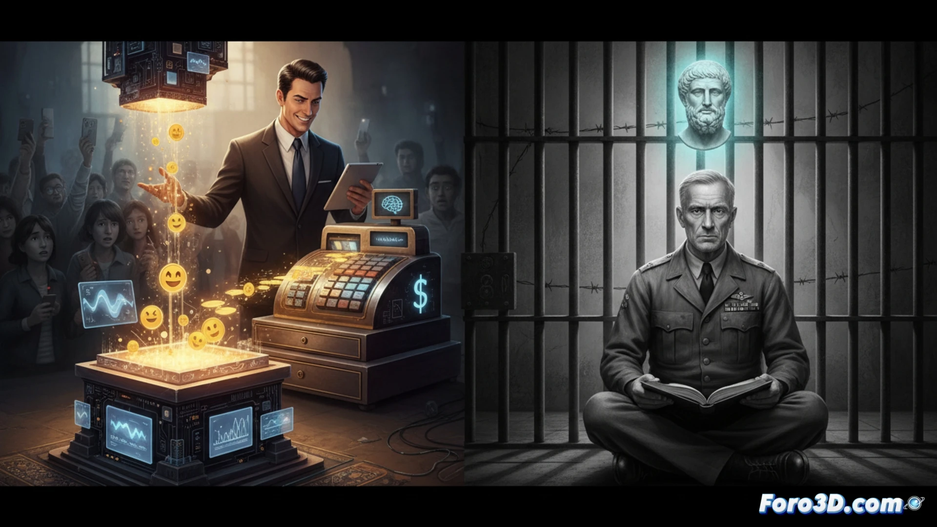 Ancient marble bust of a stoic philosopher partially dissolving into glowing digital particles, a smartphone displaying a self-help app interface hovering nearby, a cracked clay tablet with Greek text fragmenting beneath a modern credit card, a man in a prison cell (James Stockdale) meditating calmly in the corner while a chain-link fence casts shadow bars across a laptop streaming a motivational video, cinematic photorealistic style, dramatic chiaroscuro lighting, cold blue and warm amber contrast, dust motes floating in beams of light, hyper-detailed marble texture, reflective smartphone screen, technical illustration aesthetic, 8K render quality