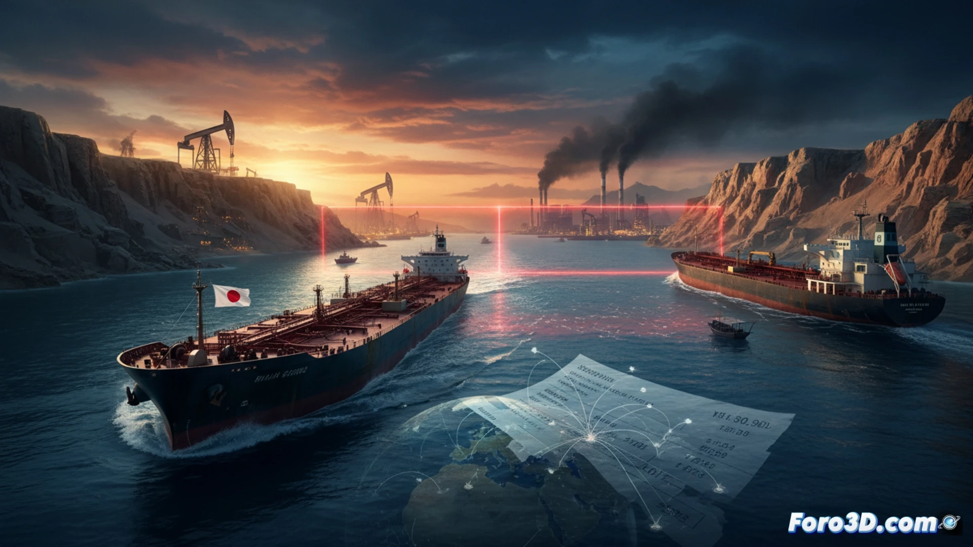 large oil tanker navigating narrow strait of hormuz, iranian patrol boats approaching with visible radar dishes and missile launchers, shipping container cranes on distant shore, crude oil cargo manifest screen flickering with rising price indicators, ship bridge showing navigation charts and sonar pings, tense maritime standoff, photorealistic technical illustration, dramatic sunset over hazy horizon, metallic reflections on hull, warning lights blinking on military vessels, ultra-detailed ship equipment, cinematic lighting with contrast between golden sky and dark warship silhouettes, realistic ocean waves and wake turbulence