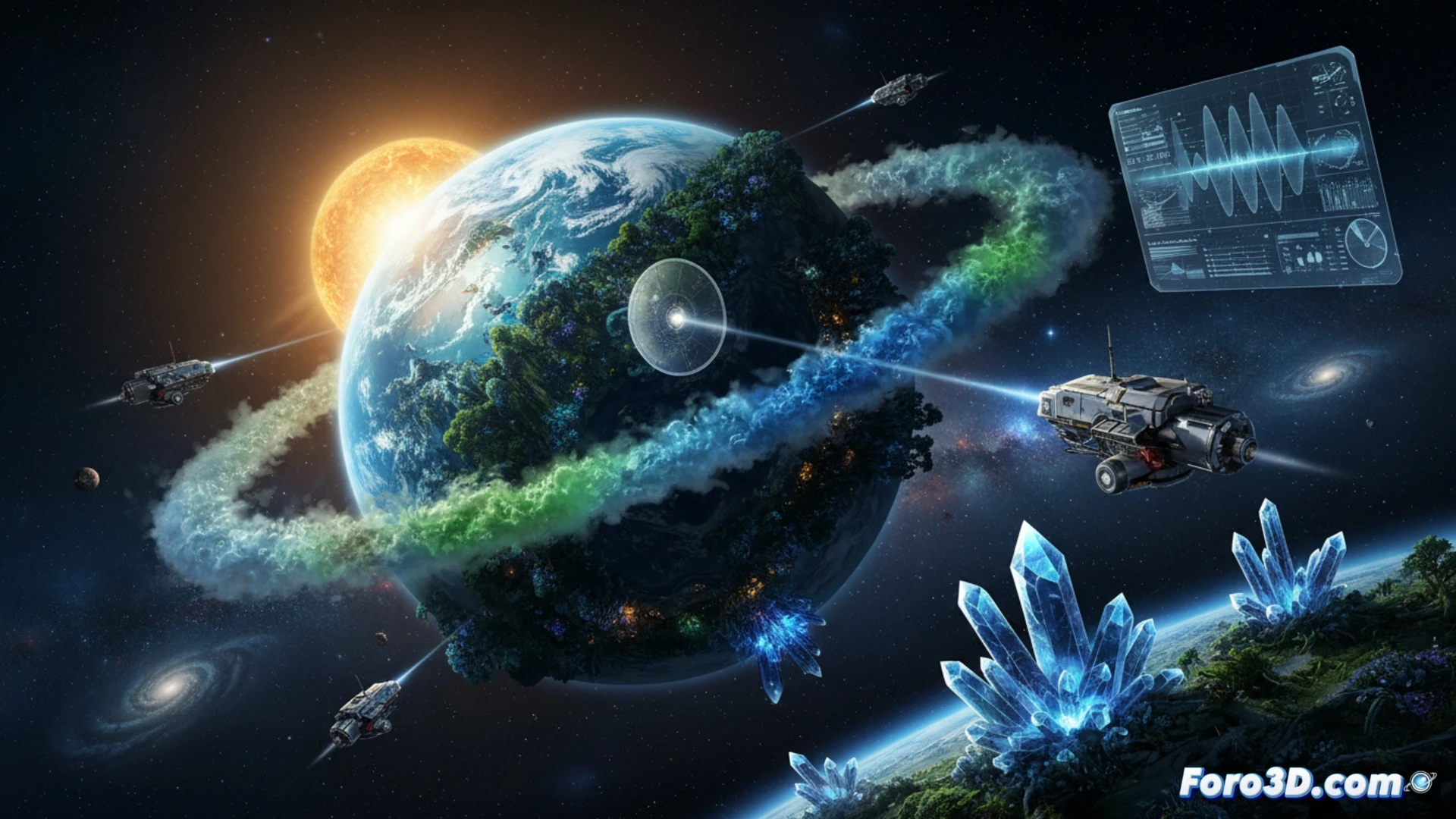 Exoplaneta rocoso con océanos líquidos iluminado por una estrella enana roja distante, telescopio espacial enfocando un haz de luz estelar filtrándose a través de la atmósfera del planeta, espectrógrafo descomponiendo la luz en un arcoíris de líneas espectrales, moléculas de oxígeno y metano destacadas como puntos brillantes en el espectro, científicos en una sala de control observando datos en pantallas holográficas, gráficos de absorbancia mostrando picos de biomarcadores, cables de fibra óptica conectando instrumentos, ambiente de laboratorio con luces azules tenues, estilo cinematic photorealistic, iluminación dramática de alto contraste, texturas metálicas detalladas, profundidad de campo