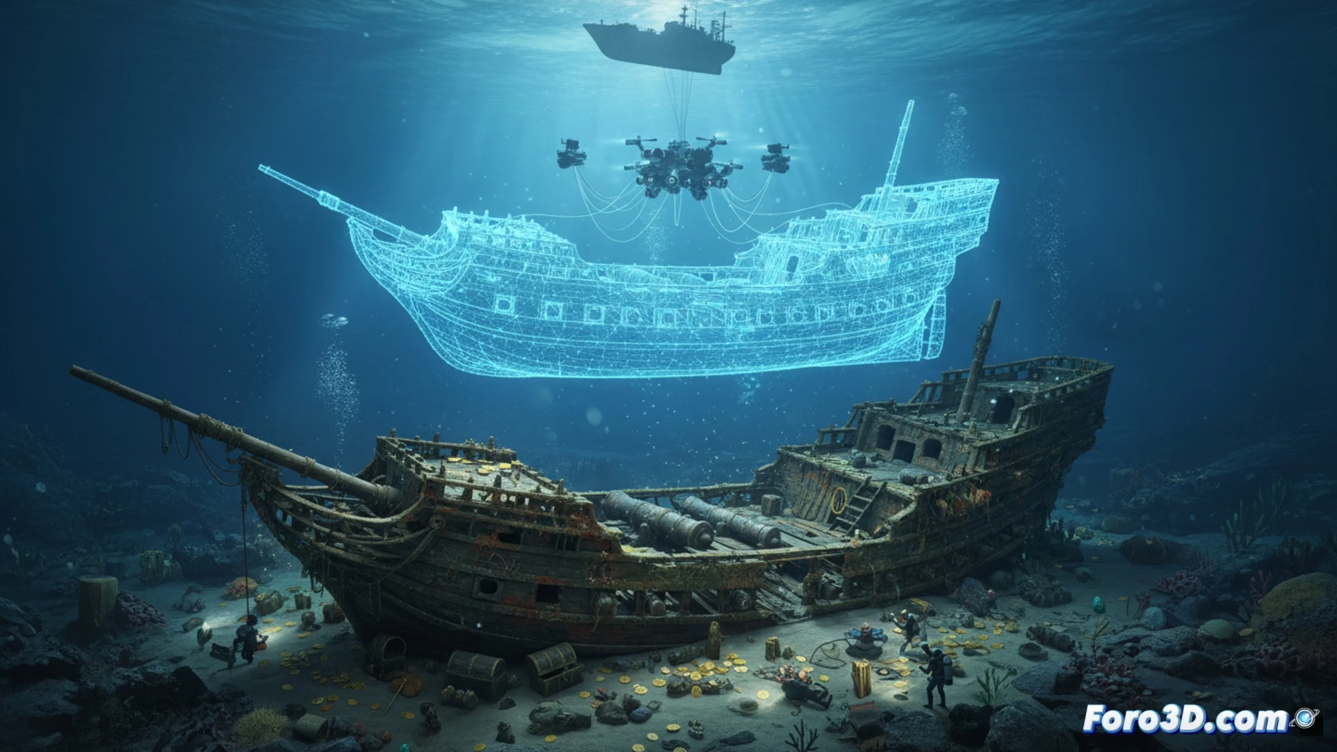 Reconstrucción digital 3D del Galeón San José en el fondo marino, con cañones y restos del casco