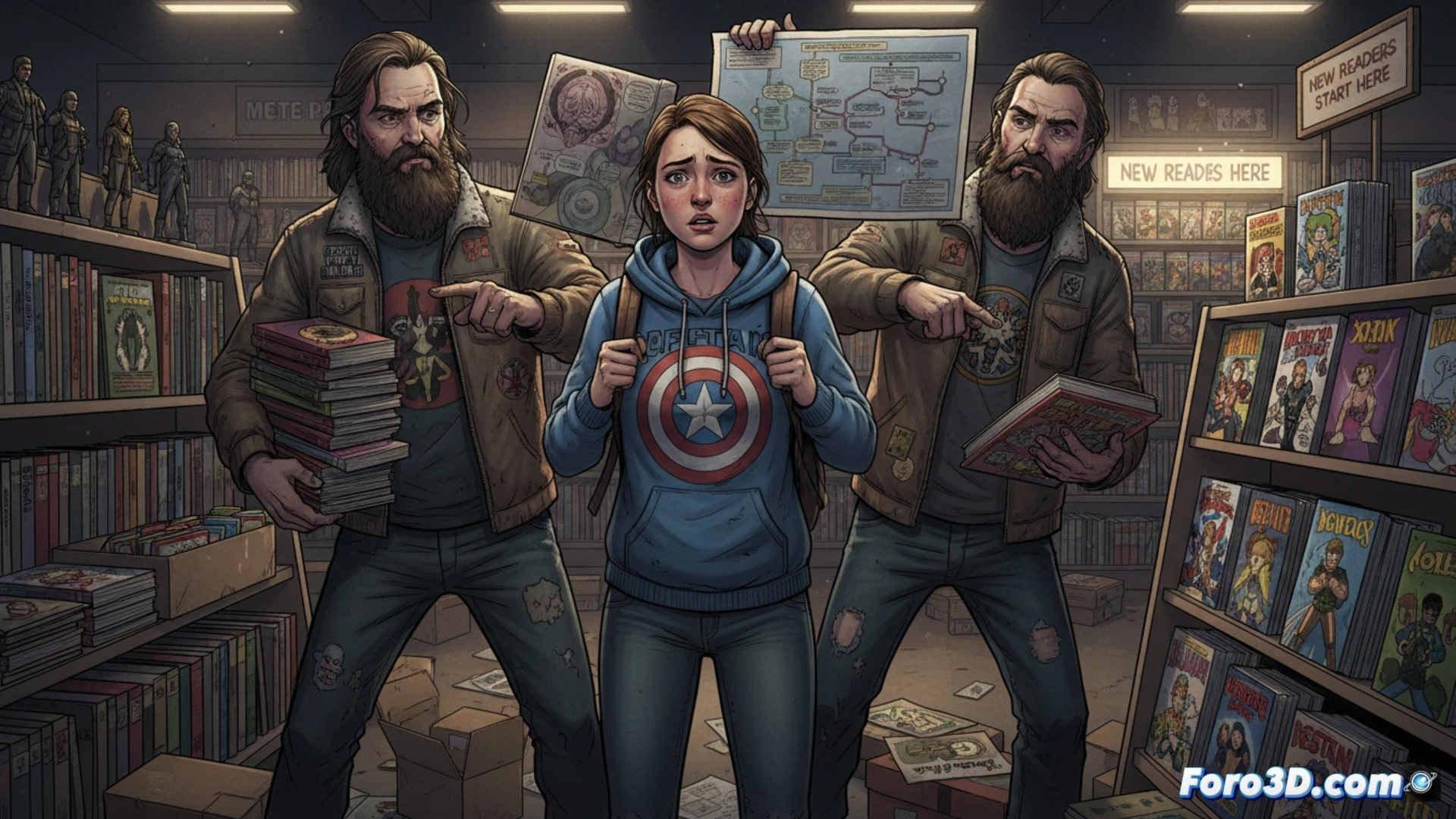 young woman standing nervously in a comic book store aisle, older male customer leaning in aggressively pointing at a shelf of comics, her hands clutching a Marvel graphic novel, store shelves filled with long-running series and complex crossover events, fluorescent store lighting creating harsh shadows, her expression showing anxiety and intimidation, cinematic photorealistic style, cluttered display racks with colorful comic covers, soft focus on background customers browsing, dramatic tension in body language, ultra-detailed facial expressions, realistic retail environment lighting, technical illustration of social gatekeeping dynamics