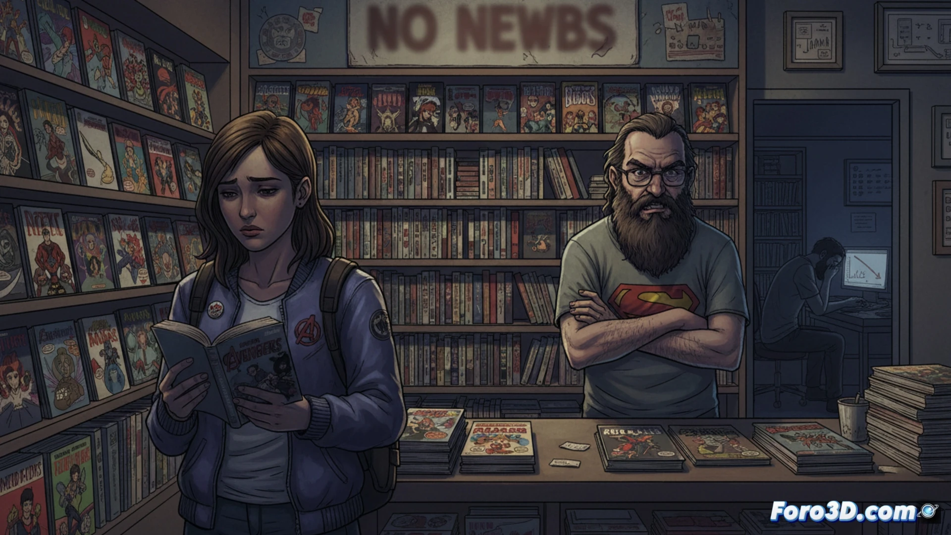 A young woman holding a Marvel comic, standing at a counter while a male clerk turns away with a dismissive hand gesture, shelves of graphic novels in background, dust motes in dim light, another customer smirking, cold and unwelcoming atmosphere, photorealistic cinematic style, dramatic shadows, isolated feeling, technical illustration of social exclusion in retail spaces