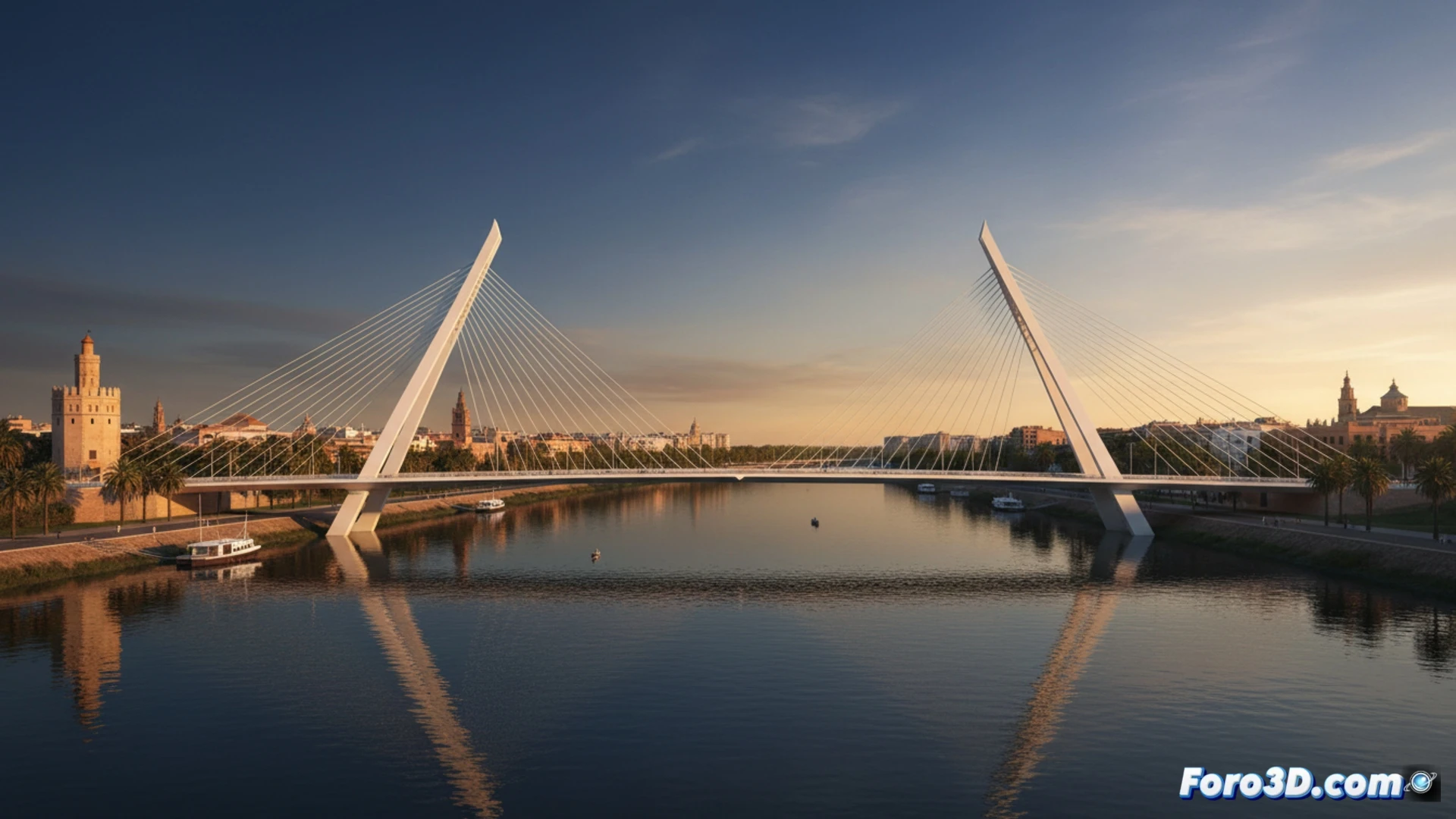Render digital del puente gemelo no construido del Alamillo, Sevilla, diseño de Calatrava.