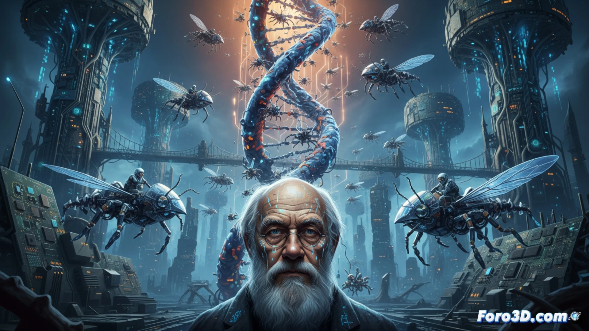 A luminous double helix made of binary code and organic strands splits in two, replicating inside a translucent digital cell, while a ghostly Darwin figure observes from a glowing monitor, his hand reaching toward the replicating gene, a vintage 1970s computer terminal displays scrolling DNA sequences, software interface with genetic algorithm graphs floating in mid-air, the gene strand sheds its protein coat revealing a microchip core, photorealistic cinematic visualization, dramatic blue and amber lighting, particle effects of data fragments dispersing, ultra-detailed molecular structures merging with circuit board textures, technical illustration style with scientific accuracy