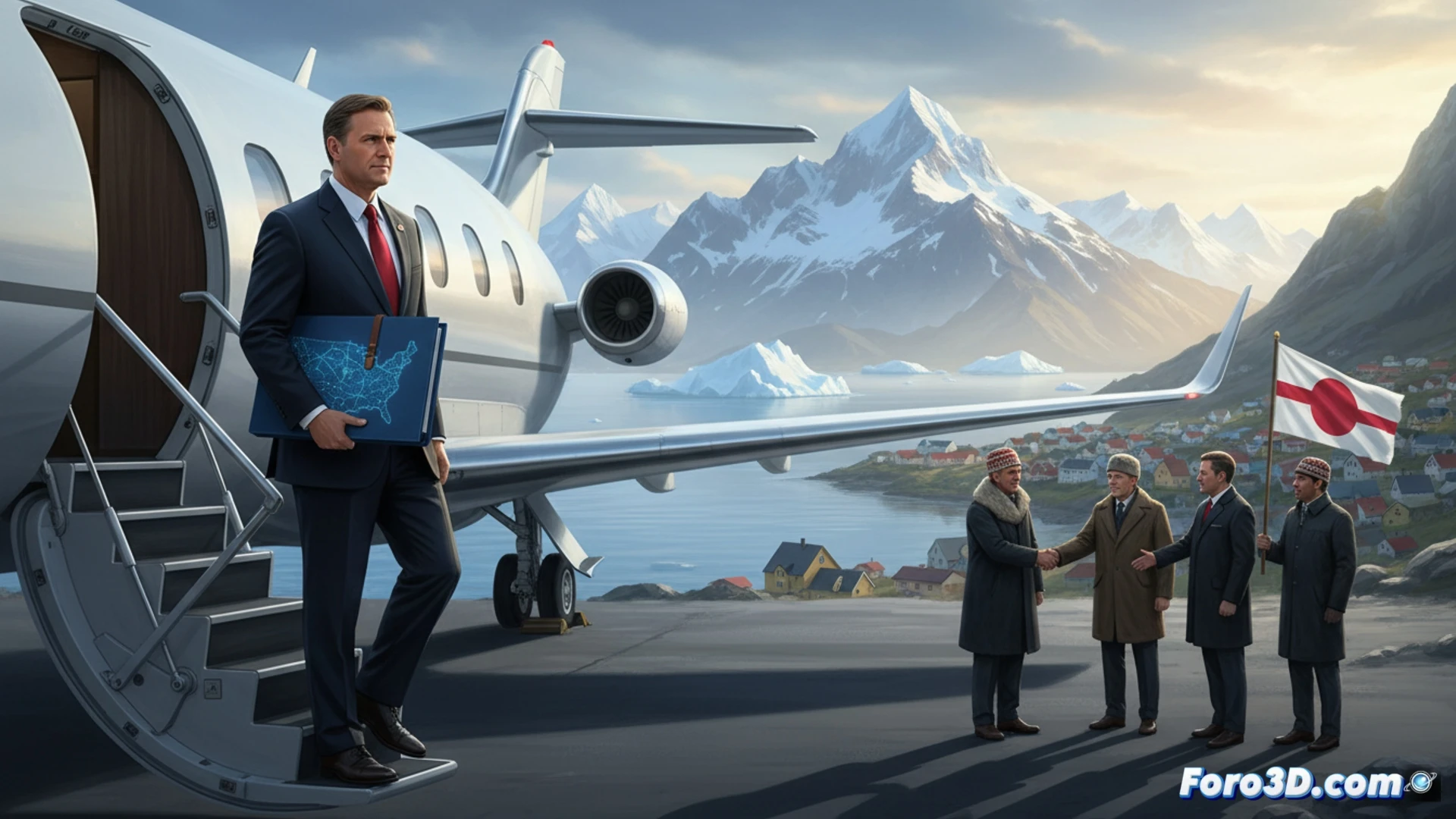 Arctic governor Jeff Landry stepping off a government plane onto Nuuk runway, holding a digital tablet displaying a strategic Arctic map with resource markers and security overlays, Greenlandic officials in formal winter coats approaching for a handshake, snow-covered mountains in background, cold blue lighting, frost on aircraft wings, photorealistic cinematic style, ultra-detailed textures on winter clothing and aircraft metal, dramatic overcast sky, geopolitical tension atmosphere, technical documentation aesthetic