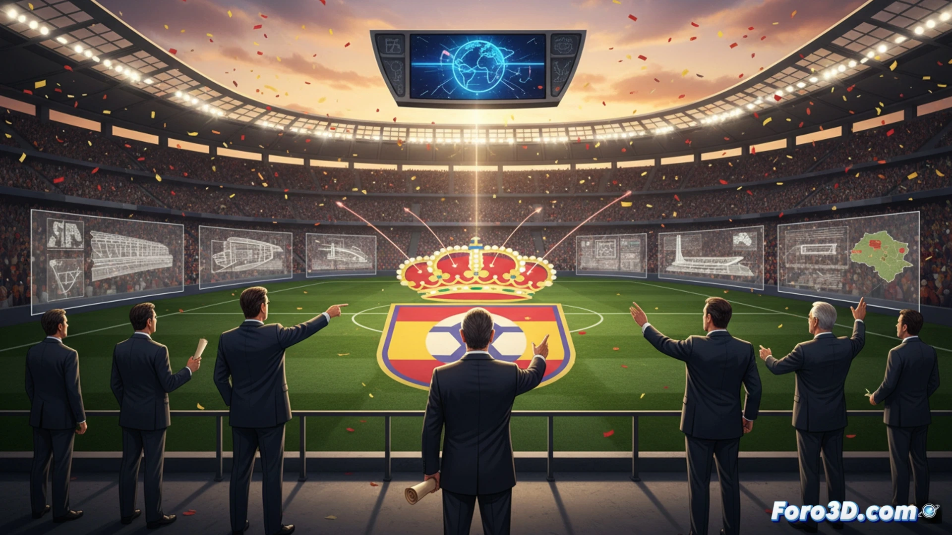 spain world cup 2035 official bid document being stamped by government ministers, a futuristic stadium blueprint displayed on a large holographic screen behind the table, a robotic arm holding a digital pen signing the approval, technical illustration style, clean white background, blue and red official documents, holographic projection with glowing grid lines, photorealistic render, cinematic lighting, sharp focus on the stamping action, minimalistic corporate environment