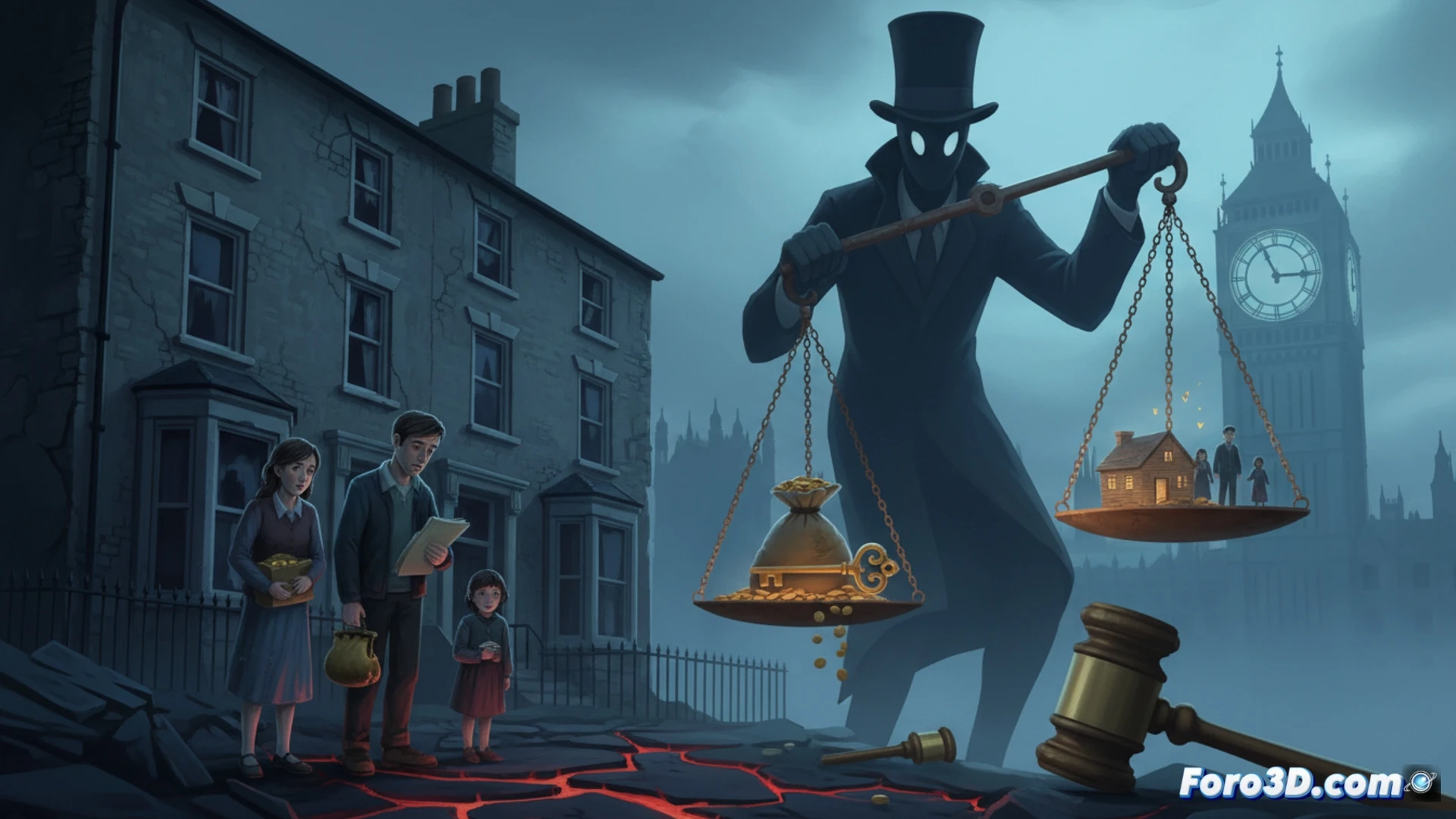 ground rent contract with red warning stamp being torn apart by a mechanical claw, while a judge’s gavel slams down on a stack of pound notes labelled 250, large property investment fund logos in background fading into shadow, cinematic photorealistic technical illustration, dramatic courtroom lighting, high-contrast metallic textures, paper shredding action with debris suspended mid-air, ultra-detailed legal document fibres, symbolic exploitation chains breaking, realistic shadow casting from overhead industrial lamps