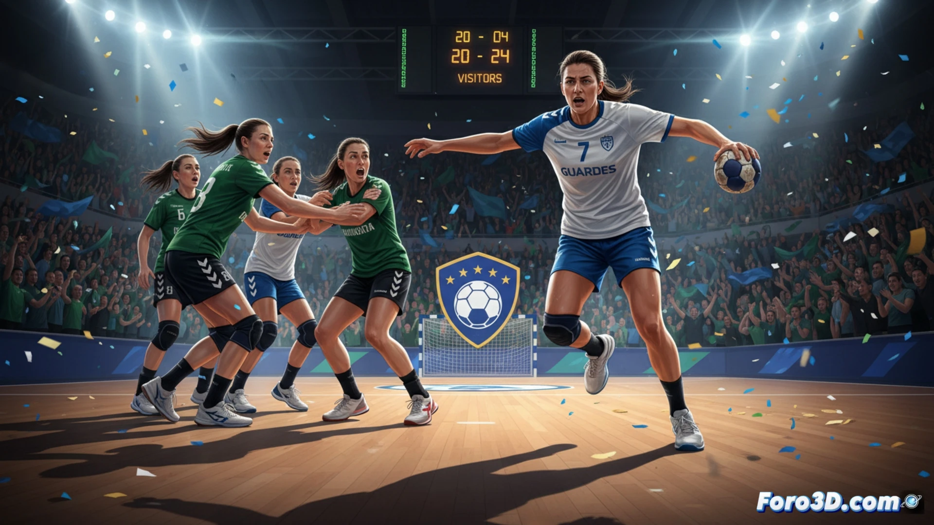 balonmano femenino en acción, jugadora del Guardés lanzando a portería mientras defensora eslovaca intenta bloquear, balón en trayectoria curva hacia la red, fondo de pabellón con gradas iluminadas, marcador electrónico mostrando 20-24, movimiento dinámico de cuerpos y brazos, sudor y tensión muscular visibles, iluminación de estadio deportivo, estilo cinematográfico fotorrealista, captura de alta velocidad congelando el instante del lanzamiento, textura de suelo de parqué reflectante, detalles de equipación técnica y protecciones
