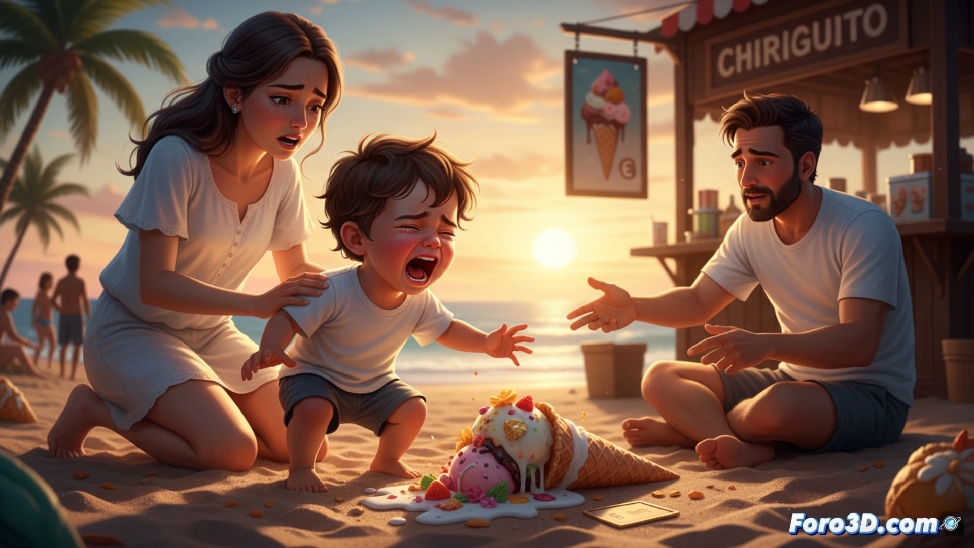 photorealistic beach scene during golden hour, a child crying while staring at a melted ice cream cone on hot sand, nearby luxury beach bar menu board showing premium ice cream prices, tourists observing the drama while holding smartphones and sun umbrellas, dramatic lighting highlighting the contrast between the fallen cone and expensive resort backdrop, cinematic composition with shallow depth of field, ultra-detailed textures of melting dairy and warm sand grains, coastal sunset colors reflecting on wet pavement, technical illustration style with economic symbolism visible through pricing signage and consumer behavior cues