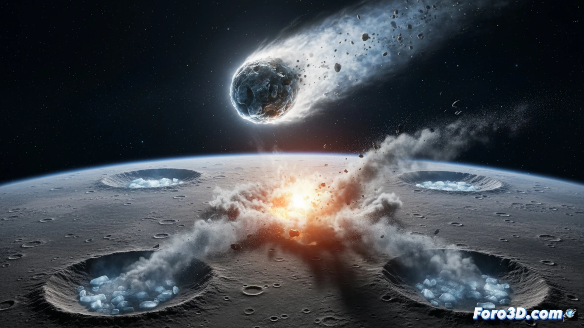 Mercury surface with a massive comet impact in progress, icy fragments exploding outward and raining down into deep polar craters, sunlight never reaching the shadowed crater floors where frozen water accumulates, crater rims casting sharp black shadows, grey rocky terrain with fine dust, bright white ice patches glowing inside eternal darkness, cinematic space scene, photorealistic planetary render, high contrast lighting between sunlit and dark zones, dramatic cosmic collision, detailed crater textures, scientific visualization style