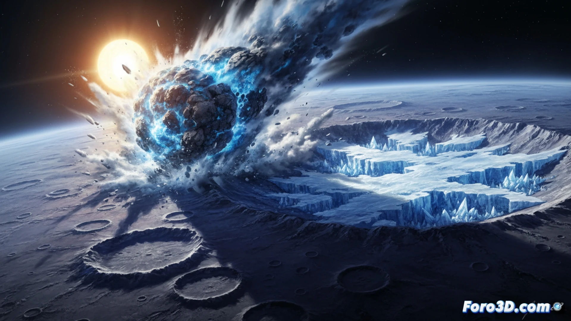 Mercury polar crater interior, comet fragment breaking apart in thin atmosphere, bright white vapor plume expanding upward, water vapor condensing into ice crystals falling into permanently shadowed crater, thick layered ice forming on rocky floor, single 88-Earth-day rotation cycle implied by shadow movement, cinematic photorealistic space visualization, ultra-detailed crater rim textures, cold blue-black shadows, glowing comet debris trail, vapor condensation process visible as fine icy particles, dramatic cosmic lighting from distant Sun, hyperrealistic planetary surface, technical scientific illustration style