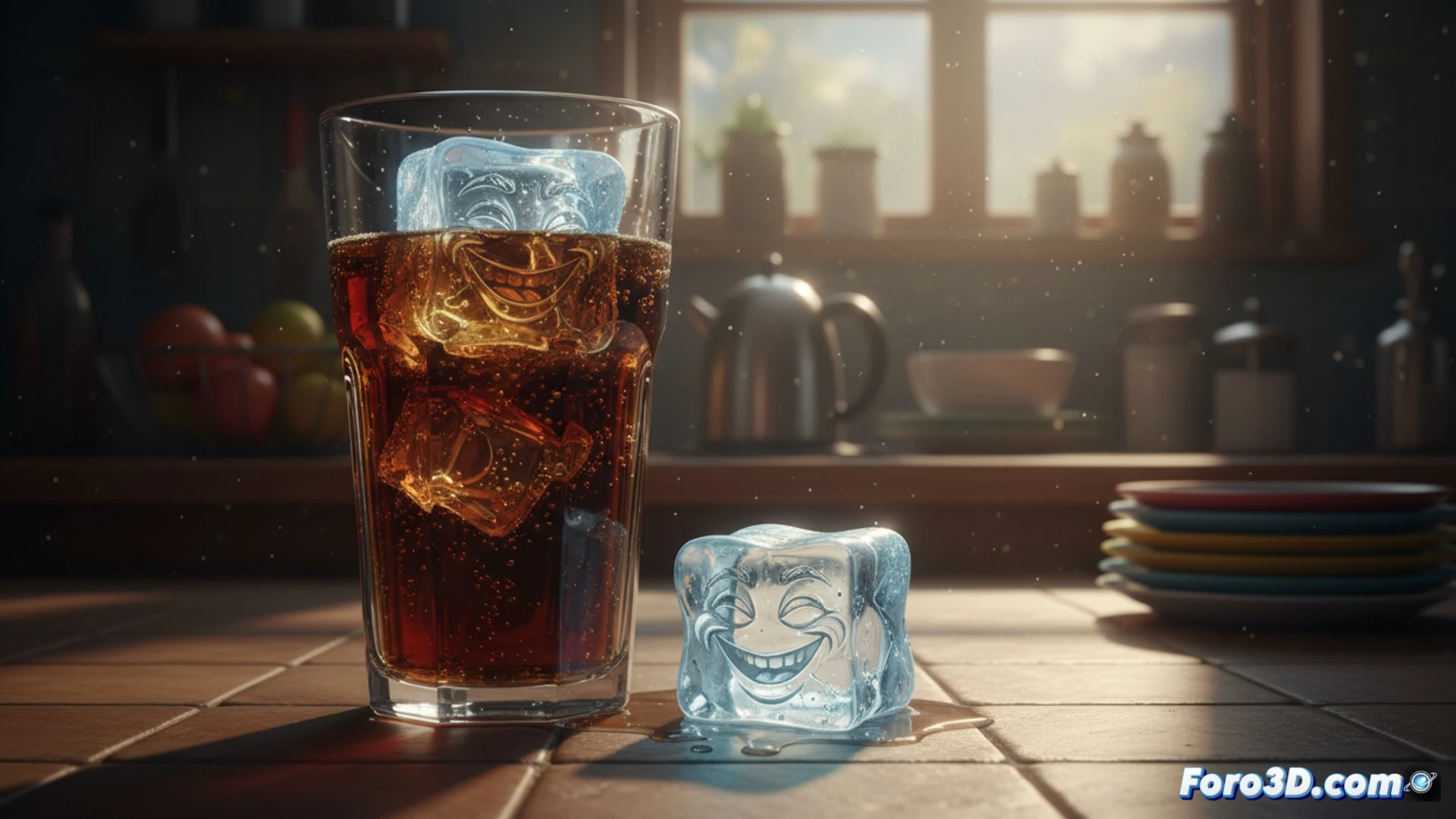 kitchen floor scene, single ice cube resting stubbornly on ceramic tile while nearby glass of soda shows fully melted ice, steam rising from soda indicating warm ambient temperature, dramatic contrast between solid cube on floor and liquid in glass, scientific demonstration of thermal conductivity difference between air and liquid, tile surface reflecting kitchen light, photorealistic technical illustration, cinematic macro photography style, sharp focus on ice cube texture and melting edges, soft blur on background appliances, realistic condensation droplets on glass, warm summer afternoon lighting through window