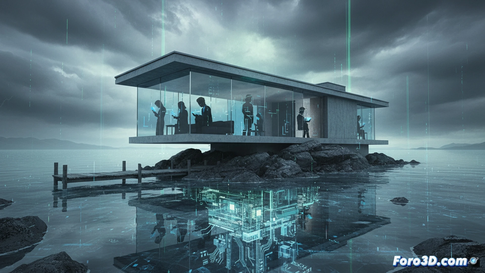 Casa de campo iluminada con luz digital y texturas hiperrealistas, atmósfera de confort opresivo y ansiedad climática