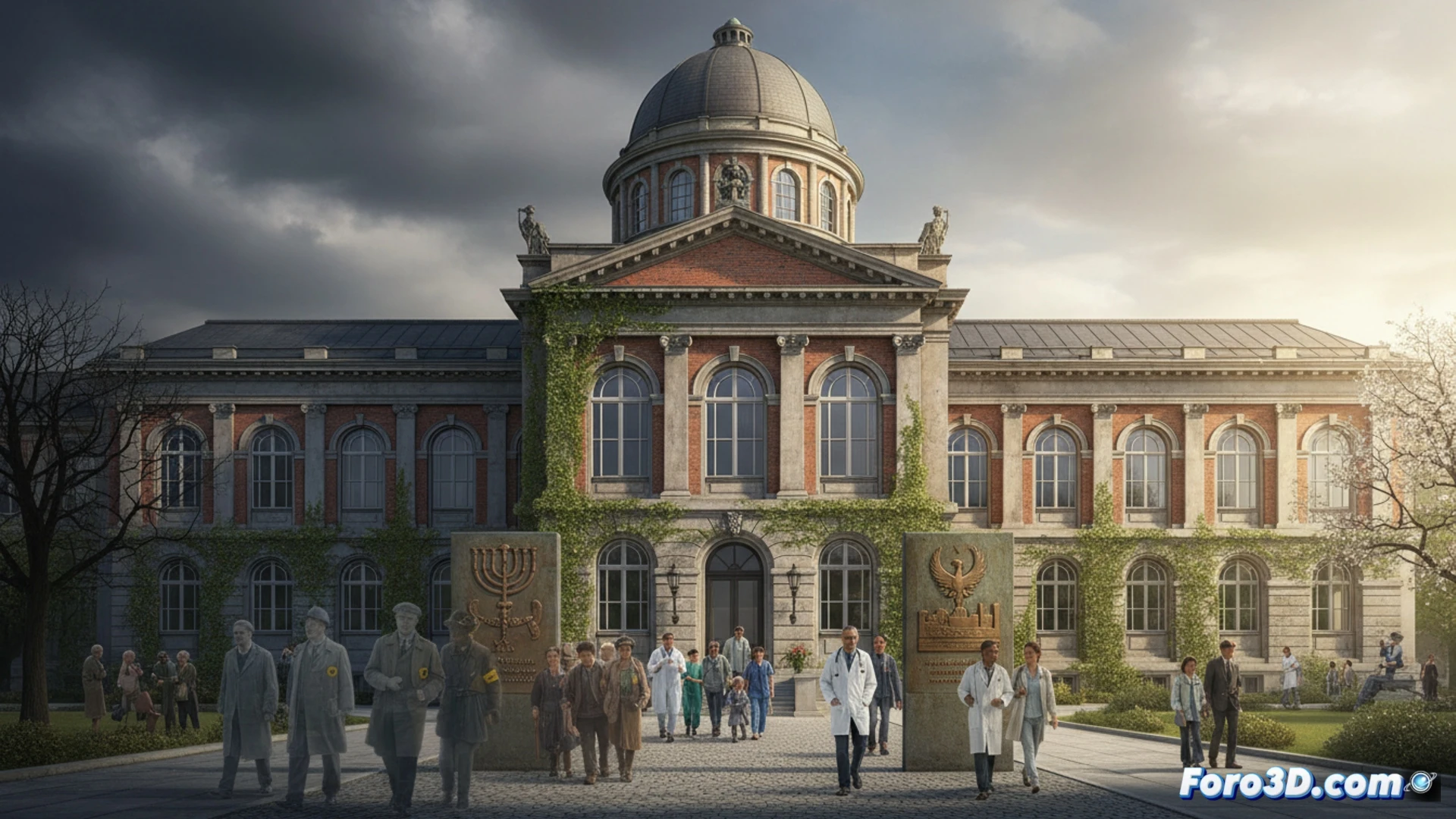 old European hospital building exterior during winter, abandoned railway tracks leading to a side entrance, a single rusted iron bed frame being lifted by crane through a broken second-floor window, medical instruments scattered on cobblestone ground, Nazi-era deportation lists partially burned on wet pavement, a modern ambulance parked silently in background, cinematic photorealistic visualization, dramatic overcast sky with light breaking through clouds, wet stones reflecting pale light, peeling paint on historic facade, contrast between decay and preserved architecture, ultra-detailed brick texture, melancholic atmospheric lighting, historical documentary style render