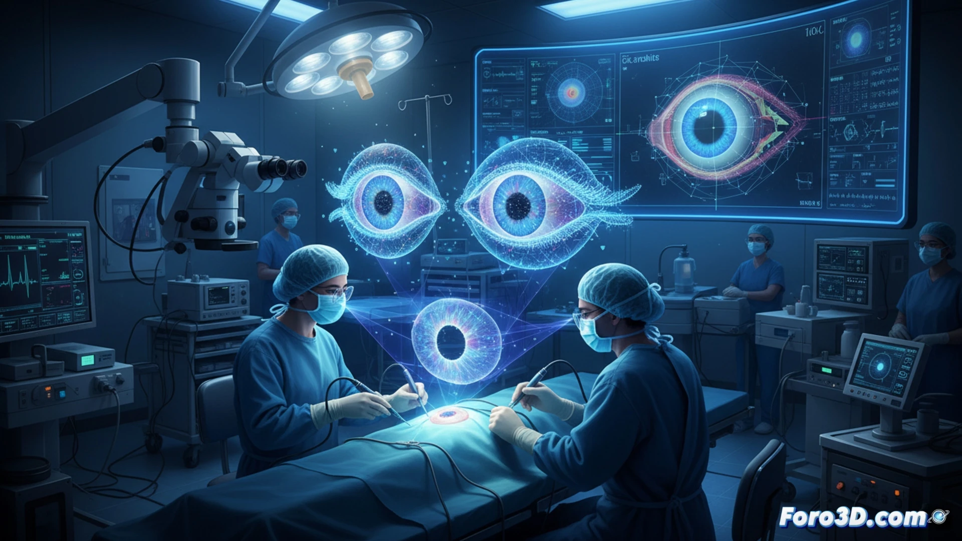 Oftalmólogo cirujano sosteniendo un injerto de córnea traslúcido con forma anatómica irregular, generado por impresión 3D, frente a una pantalla táctil que muestra modelo corneal digital con malla de planificación quirúrgica, bisturí láser alineado sobre un ojo donante en un soporte estéril, iluminación blanca de quirófano, reflejos especulares en instrumental metálico, fondo azul quirúrgico con monitores mostrando reconstrucción 3D del ojo, estilo photorealistic technical illustration, texturas de tejido vivo y polímero, profundidad de campo nítida en el injerto, acción de medición y ajuste durante el proceso de personalización del trasplante.
