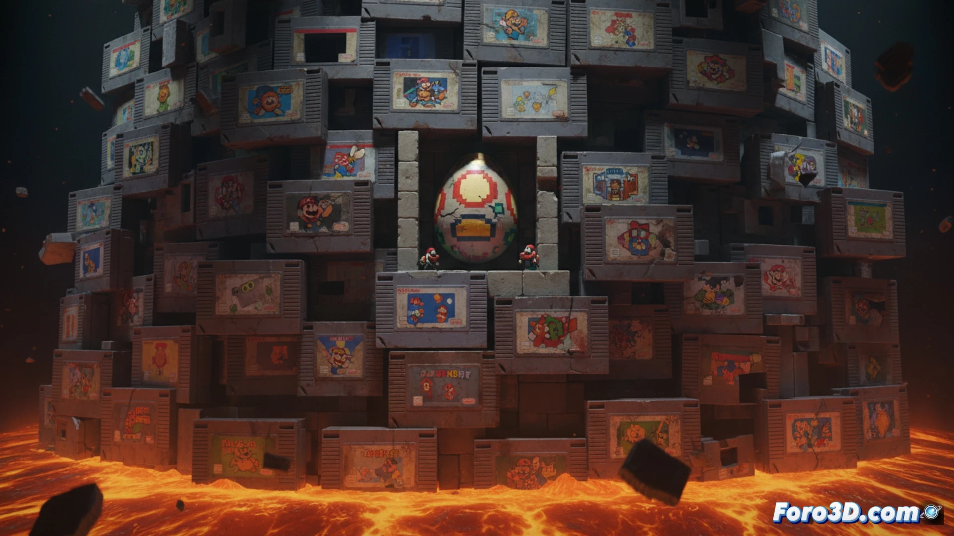 Close-up of Bowser prison wall constructed from stacked NES cartridges, dust particles drifting as a magnifying glass hovers over a cartridge edge revealing metallic contacts, while a cursor arrow points to a hidden pixel-art star on a cartridge label, cinematic technical illustration, dramatic side lighting casting deep shadows on the retro cartridges, photorealistic render with visible cartridge grooves and connector pins, ultra-detailed engineering visualization