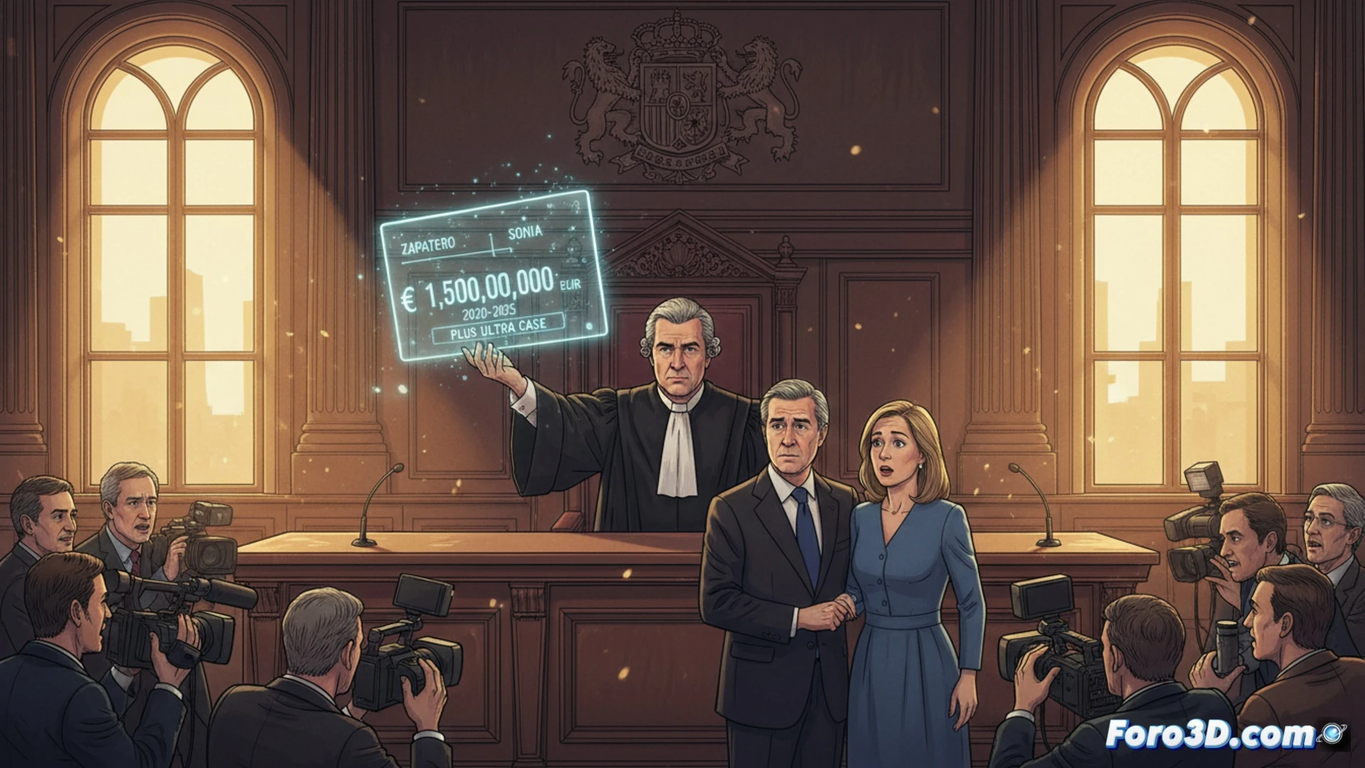 Photorealistic cinematic scene of a judge in a dark robe reviewing financial documents on a transparent digital screen, a bank vault door slightly open behind him, glowing transaction data streams flowing from a shared account icon into a secure server rack, dramatic courtroom shadows, metallic briefcase on desk with papers spilling out, ultra-detailed financial audit visualization, high-contrast lighting, technical illustration style