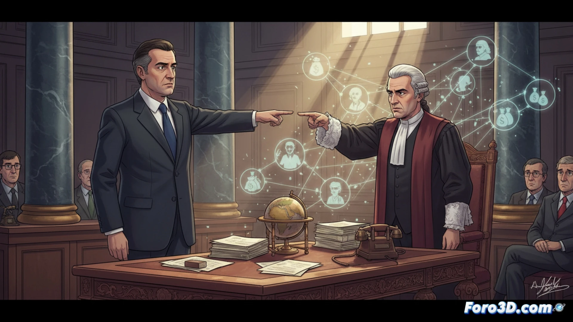 Photorealistic cinematic scene inside a government office, former president Zapatero standing at center coordinating a hidden network, documents with financial schematics spread on a mahogany desk, large official seal on wall behind him, shadowy figures passing encrypted USB drives and cash envelopes, computer screens displaying network diagrams and administrative approvals, dark suited men in background reviewing papers, dramatic overhead lighting casting long shadows, technical illustration style with forensic evidence markers, detailed office environment showing bureaucratic corruption process