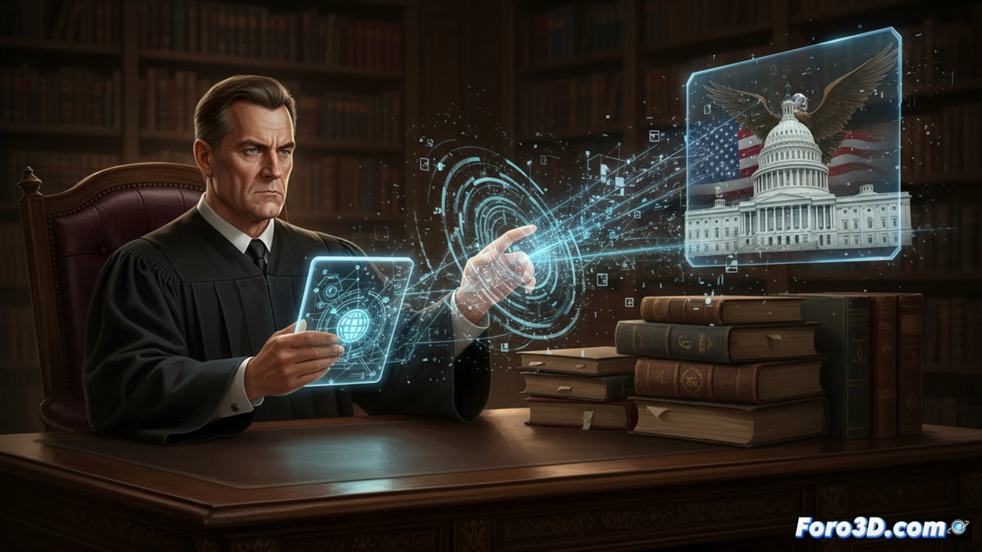 photorealistic technical illustration of a judge s desk with an official document marked International Request for Data, a digital tablet displaying a map of the United States with glowing data nodes, a magnifying glass hovering over a legal file showing financial transaction records, while a gavel rests beside a laptop screen with email subject line US Response Pending, cinematic lighting casting shadows across the wooden desk, detailed legal paperwork with highlighted names and foreign bank account numbers, procedural legal investigation scene, ultra-realistic textures on wood grain and paper fibers, dramatic courtroom atmosphere