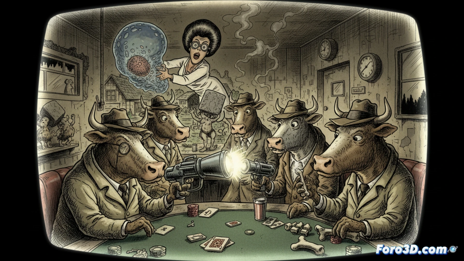 animated television studio scene from 1994, Gary Larson style surrealist sketchbook transforming into a glowing CRT monitor, grotesque cow creature with human teeth peering through a window while a scientist adjusts an oscilloscope, ink splatters morphing into stop-motion skeletons, Marv Newland animation process shown with cel layers and storyboard frames floating mid-air, dark humor atmosphere, cinematic technical illustration, dim studio lighting with harsh key light on drafting table, scattered pencils and animation cels, photorealistic render with hand-drawn texture overlay