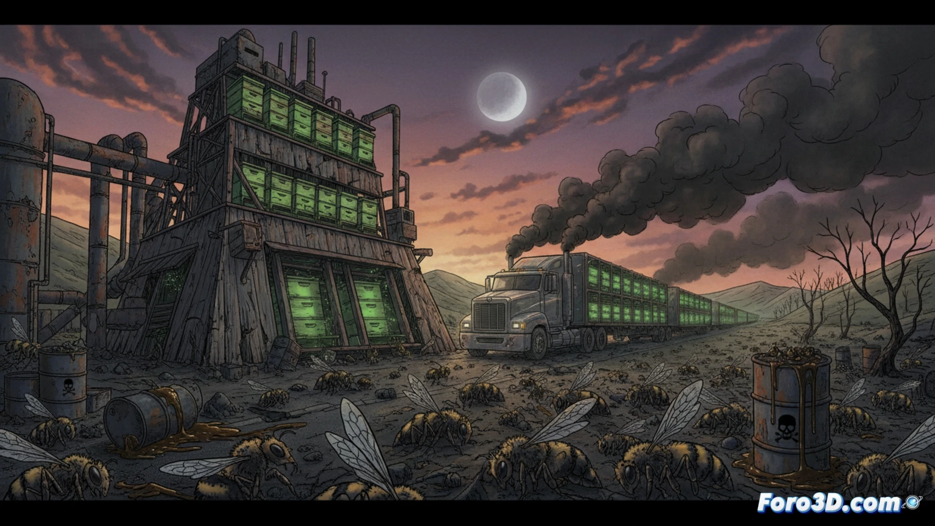 industrial beekeeping operation scene, semi-truck loaded with hundreds of stacked beehive boxes driving on a dusty highway, worker in protective suit spraying pesticide directly onto hive entrance, dead bees scattered on the ground around overturned frames, bee wings and legs caught in truck tire treads, dark toxic smoke drifting from exhaust pipe, photorealistic technical illustration, harsh midday sun casting long shadows, high contrast industrial lighting, ultra-detailed insect anatomy and mechanical hive components, cinematic documentary style, wide-angle lens capturing the scale of destruction