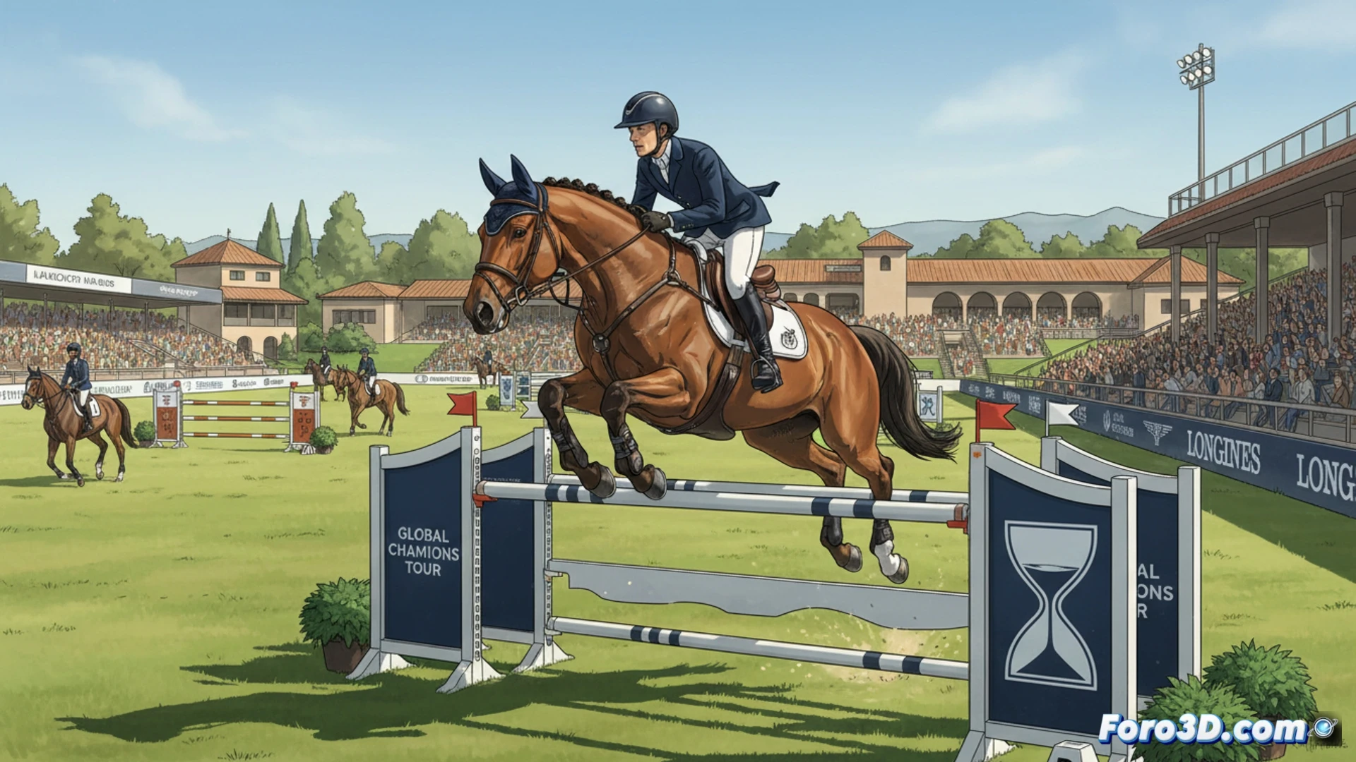 Photorealistic technical scene of a show jumping horse and rider mid-air over a vertical obstacle at Club de Campo Villa de Madrid, horse’s forelegs tucked tight over a white and red striped rail, rider in competition jacket and helmet leaning forward in perfect synchronization, bright sunlight casting sharp shadows on the sand arena, background showing modern grandstands and medical vet station with biosecurity signage, dramatic action freeze-frame with dust particles suspended, cinematic wide-angle shot, ultra-detailed equine musculature and jumping motion, professional equestrian competition atmosphere