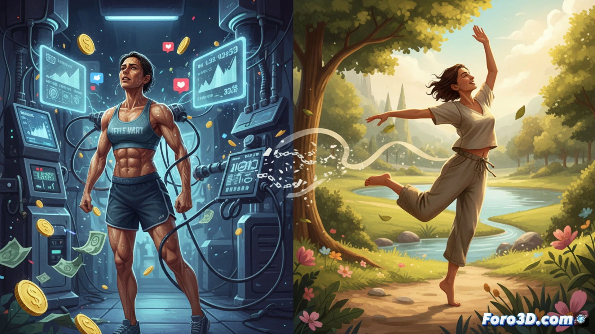 cinematic wide shot of a person running on a cracked pavement in an empty park, wearing worn sneakers and simple clothes, while a high-end fitness tracker on their wrist displays a red debt icon and a countdown of missed payments, background shows a blurred luxury gym facade with golden doors and a locked treadmill visible through glass, photorealistic technical illustration, dramatic overcast lighting, sweat droplets frozen in mid-air, subtle financial strain shown through a broken smartwatch screen, ultra-detailed textures on concrete and glass, cinematic depth of field