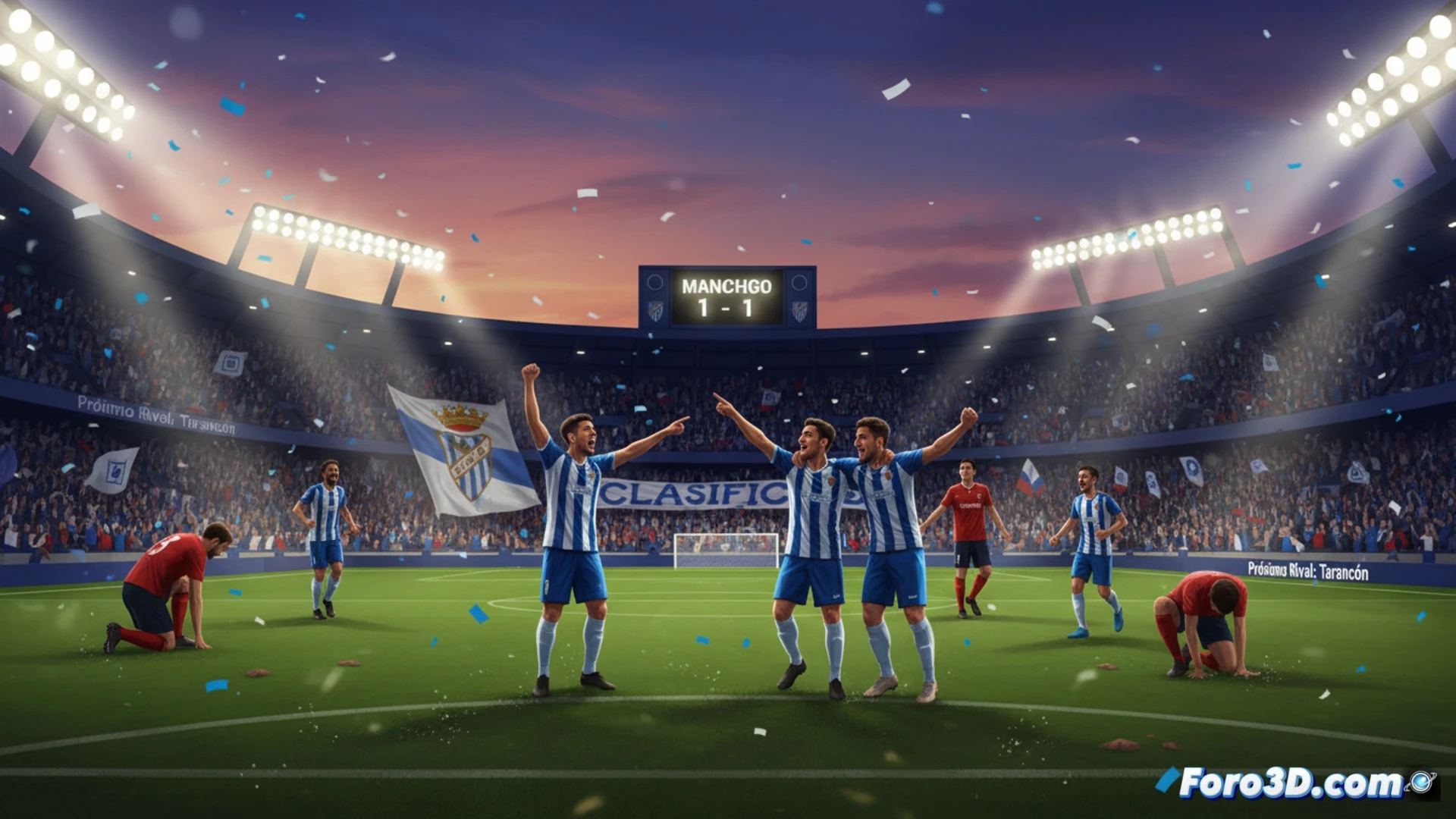 Jugadores del Manchego celebran el empate que sella su pase al play off, con el Illescas al fondo.