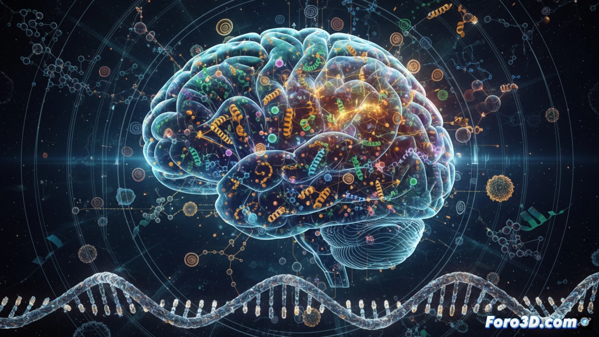 aging human brain cross-section illuminated by glowing molecular pathways, neural networks pulsing with blue and gold light, protein expression cascading through hippocampal and prefrontal cortex regions, gene activity visualized as shimmering data streams along synaptic connections, healthy neuron clusters maintaining structural integrity while surrounding cells display normal age-related changes, cinematic scientific visualization, photorealistic cellular detail, volumetric lighting through translucent brain tissue, dynamic molecular interactions shown as particle flows, clean medical illustration style, no text or labels, ultra-detailed microscopic anatomy, dramatic chiaroscuro lighting emphasizing cognitive resilience