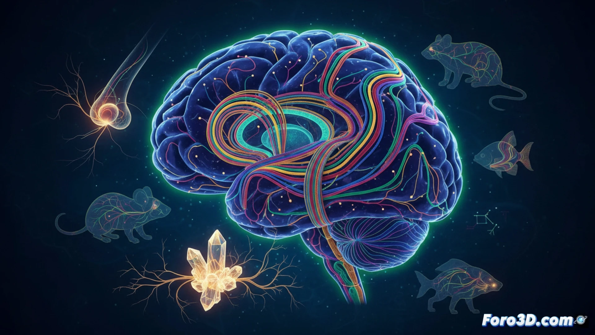 Mapa 3D del sistema olfativo muestra franjas neuronales codificadas por color desde nariz hasta bulbo olfativo cerebral