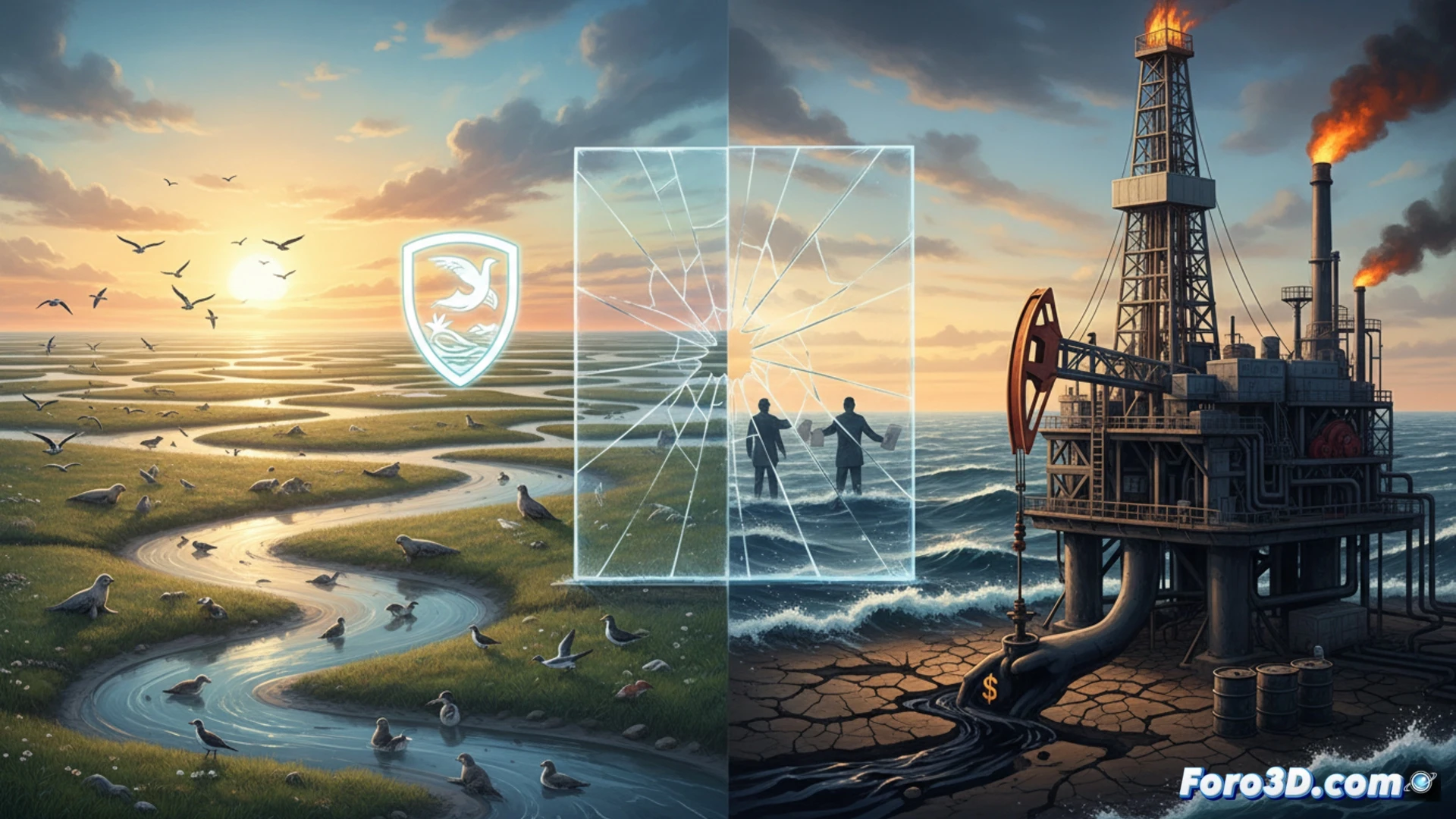 aerial view of Wadden Sea mudflats with drilling platform extracting gas, pipeline cutting through protected wetland, birds flying over oil rig, contrast between pristine ecosystem and industrial machinery, cinematic photorealistic environmental visualization, dramatic stormy sky, golden sunset light reflecting on water, rusted metal structure, muddy shorelines, detailed textures of sand and water, high contrast between natural greens and industrial greys, ultra-realistic landscape render, motion blur on bird wings, atmospheric haze, depicting contradiction between conservation and extraction