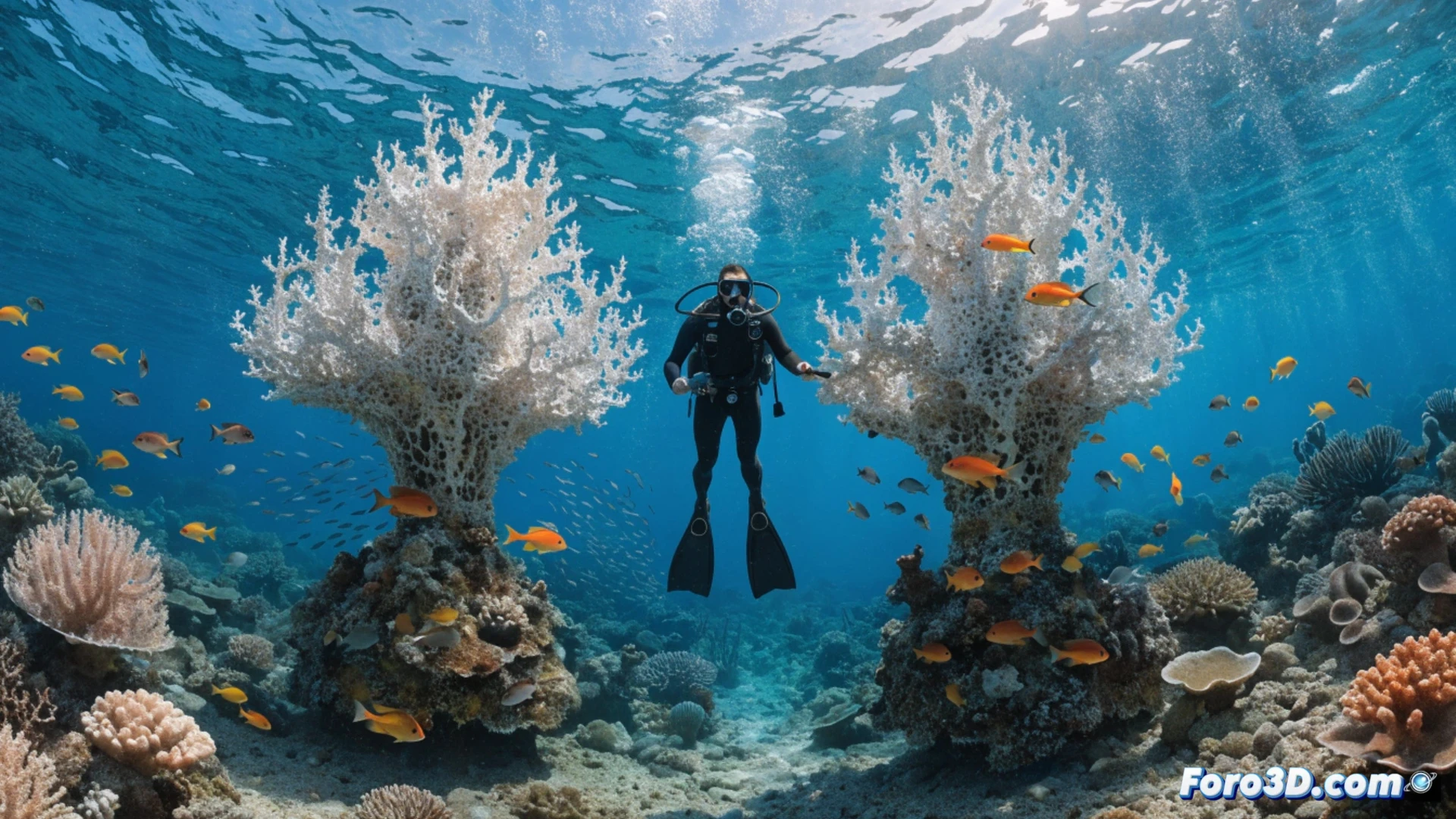 Un mariscador sonríe bajo el mar, sosteniendo una herramienta de impresión 3D que restaura un arrecife; peces y corales rodean la escena tecnológica.