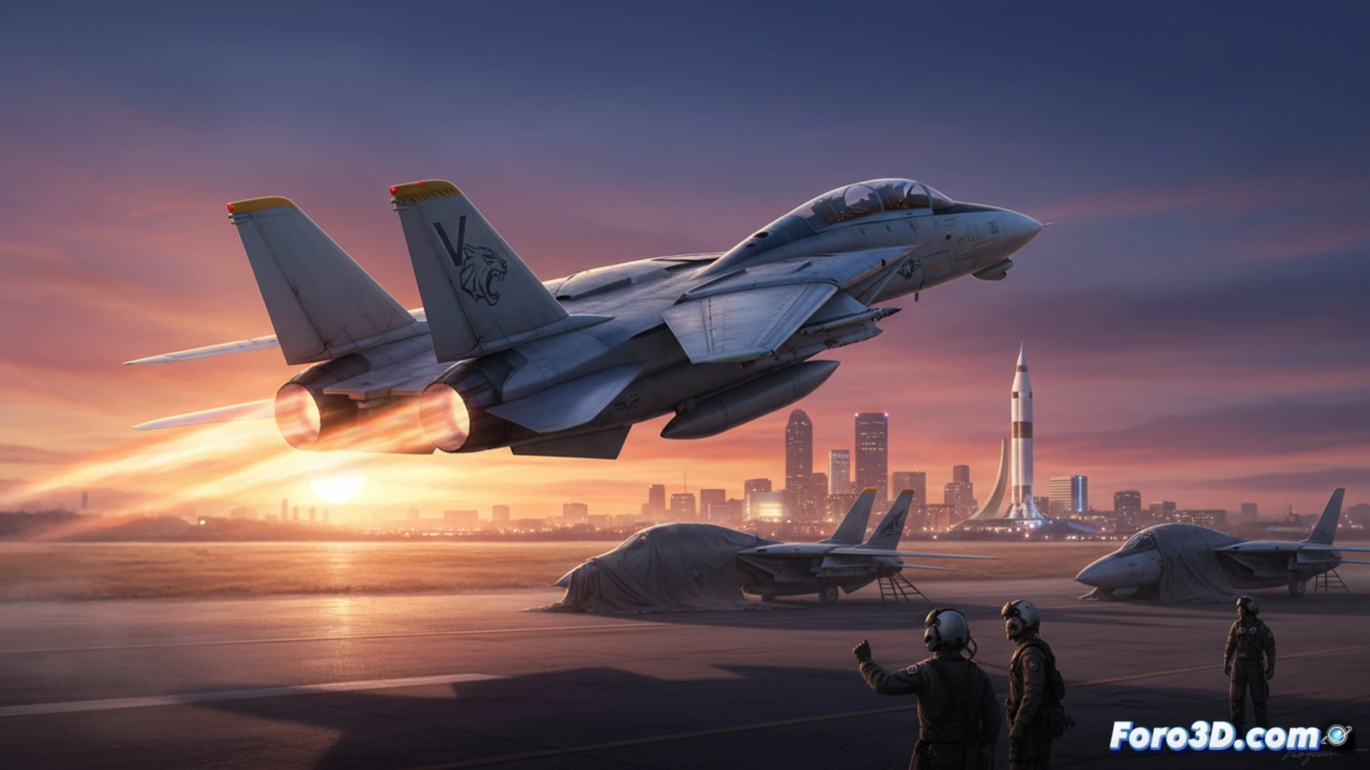 Tres F-14D Tomcat en hangar, uno rugiendo en pista con postquemadores, cielo azul, equipo técnico observando.