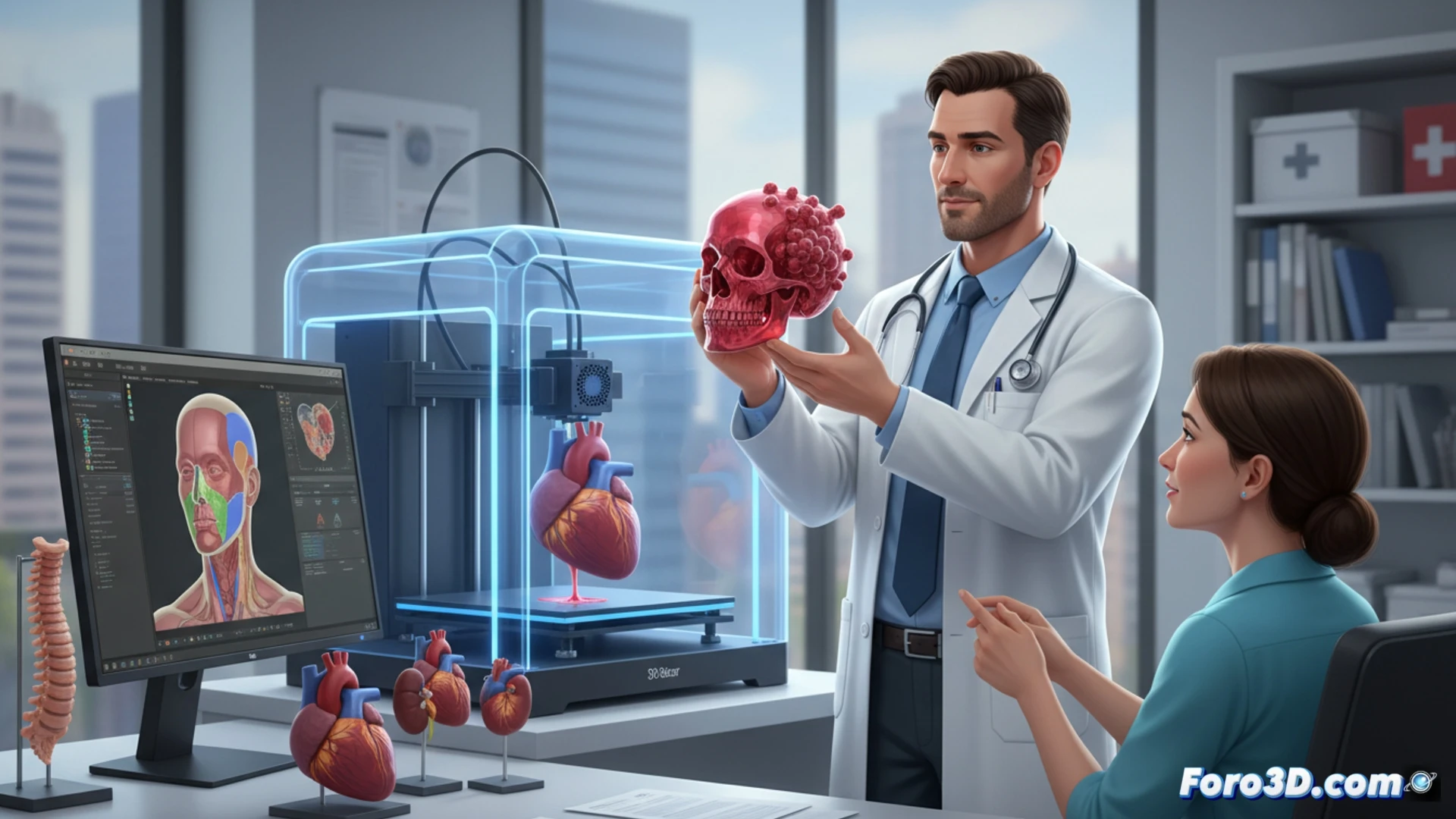 Médico general sostiene un modelo 3D de un tumor impreso, junto a una pantalla mostrando escáneres y software médico.