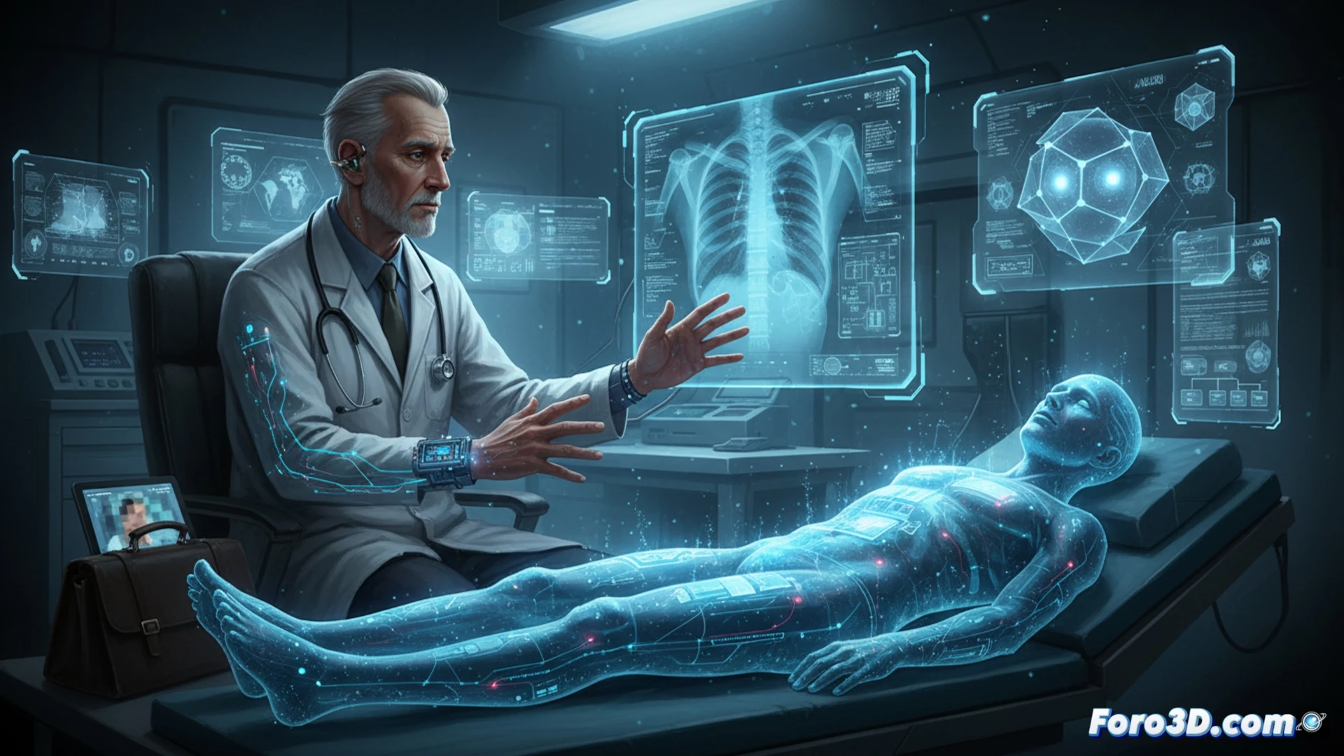 Photorealistic cinematic scene of a sterile hospital room, a doctor in white coat stands motionless, hand hovering inches above a patient’s chest without touching, while a glowing holographic interface displays vital signs and symptom codes floating between them, patient lies on bed with anxious expression, robotic surgical arm idle in background, cold blue LED light from monitors, medical software UI panels with data streams, dramatic contrast between warm skin and cold technology, emotional tension, ultra-detailed textures of fabric, skin, and plastic, shallow depth of field focusing on the gap between hand and patient, technical medical illustration style