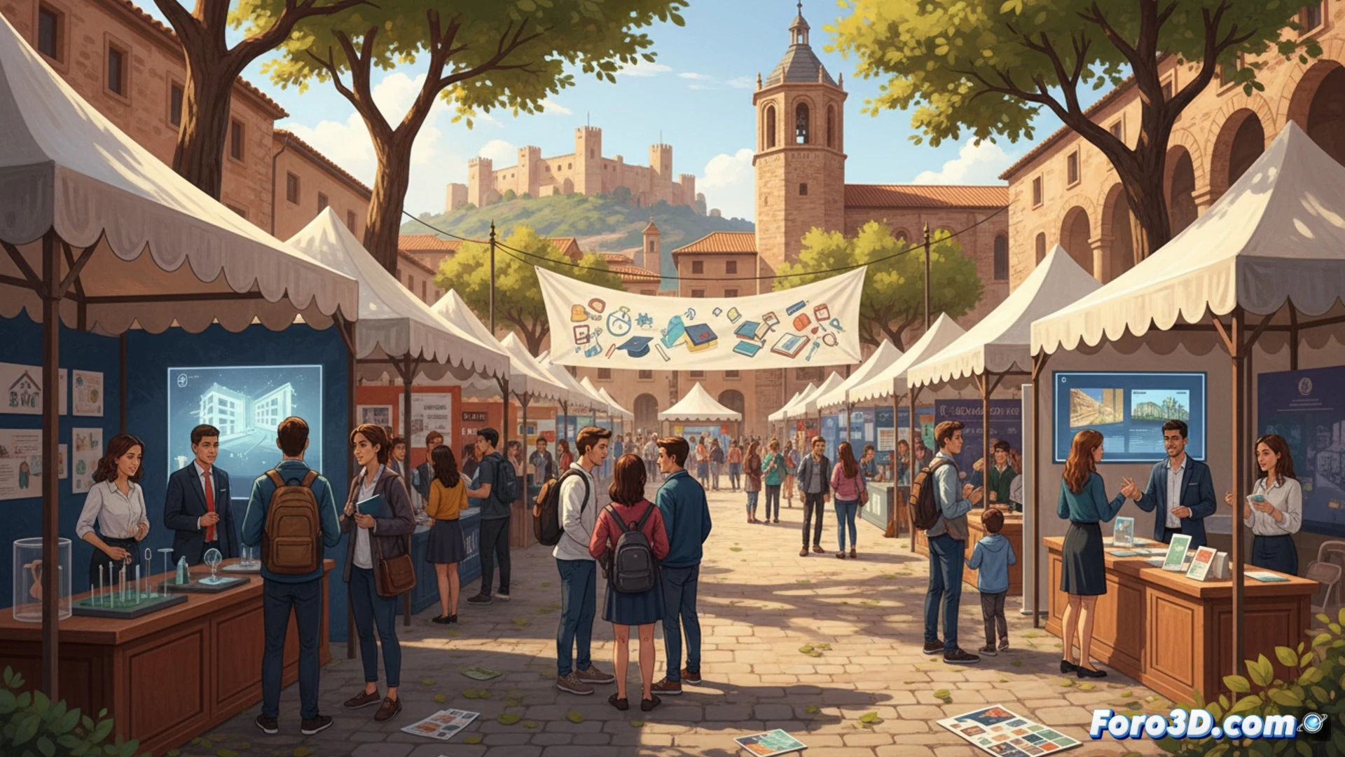 Feria educativa en Xàtiva con jóvenes y familias explorando stands de institutos y universidades en el Mercat del Estudiant.