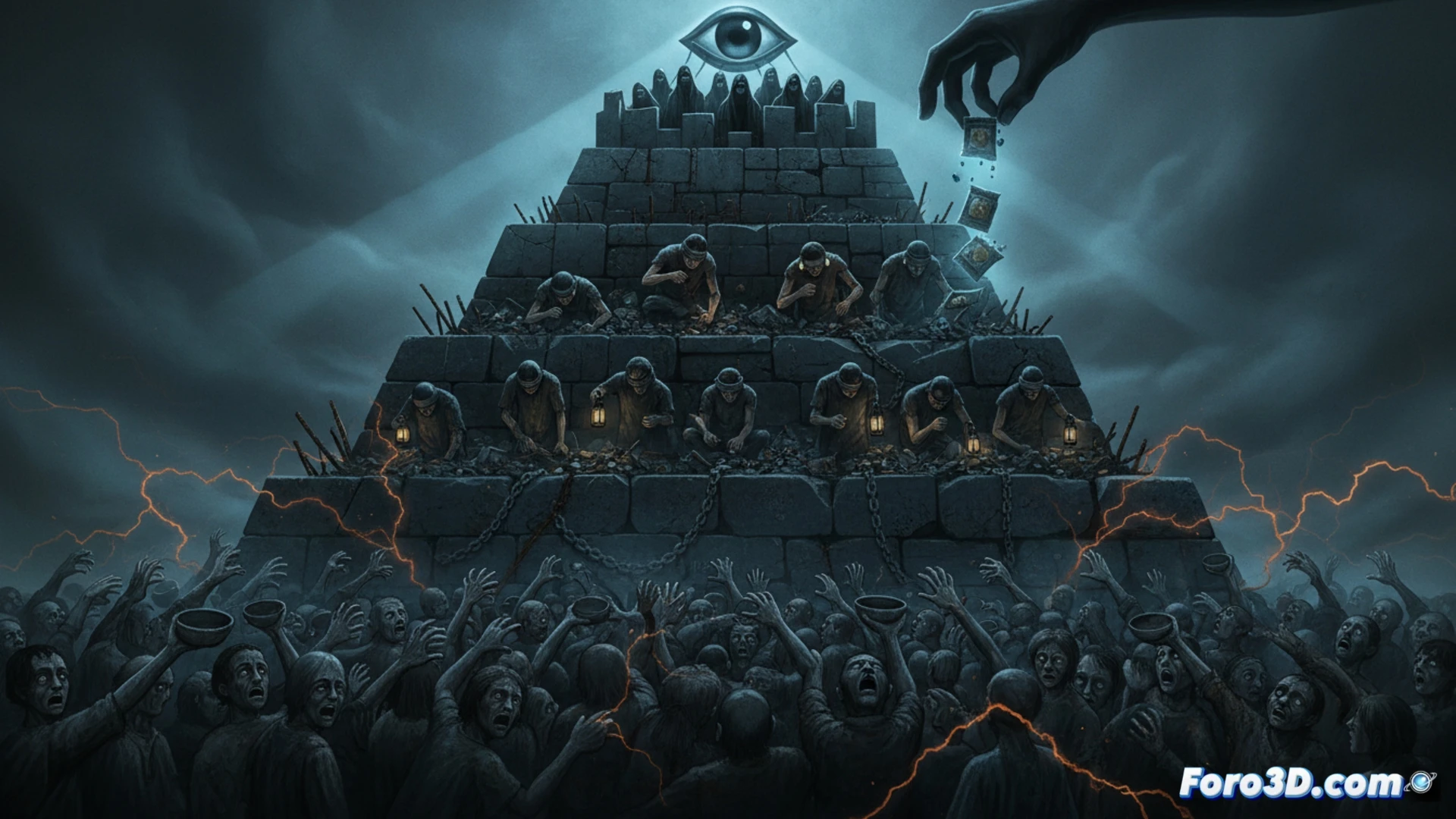 photorealistic cinematic scene of a human figure at the bottom of a massive stone pyramid, one hand clutching a small crumbling bread loaf, the other hand reaching up toward a tiny glowing coin suspended just out of reach, while a dark puppet string descends from above attaching to the figure's wrist, a cracked smartphone and broken laptop lie on the ground nearby, deep shadows from unseen puppet masters cast across the pyramid steps, dramatic chiaroscuro lighting, gritty texture on stone surfaces, hyper-detailed poverty symbols like worn shoes and frayed fabric, metaphorical political control visualization, ultra-realistic engineering render style, no text or numbers