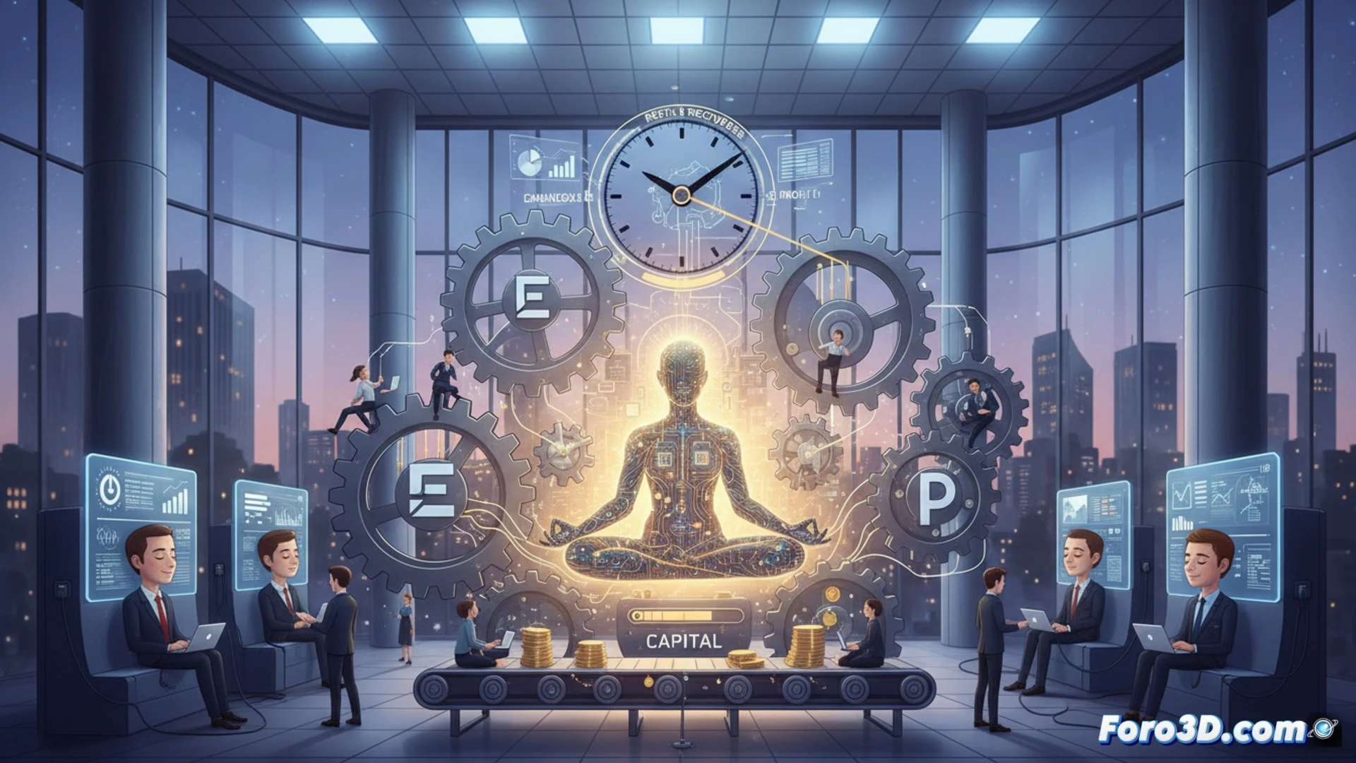 corporate meditation room interior, office workers seated in lotus position with VR headsets on, brainwave data streaming to holographic productivity dashboards, glowing neural activity visualized as spinning gears inside their heads, mindfulness app interface floating mid-air showing stress reduction metrics converting to profit graphs, sterile white walls with biometric sensors embedded, sleek minimalist furniture, cinematic dystopian lighting with cold blue and sterile white tones, photorealistic architectural visualization, employees performing breathing exercises while surveillance cameras track their compliance, subtle tension between serene postures and corporate efficiency, ultra-detailed textures of glass, metal, and LED displays