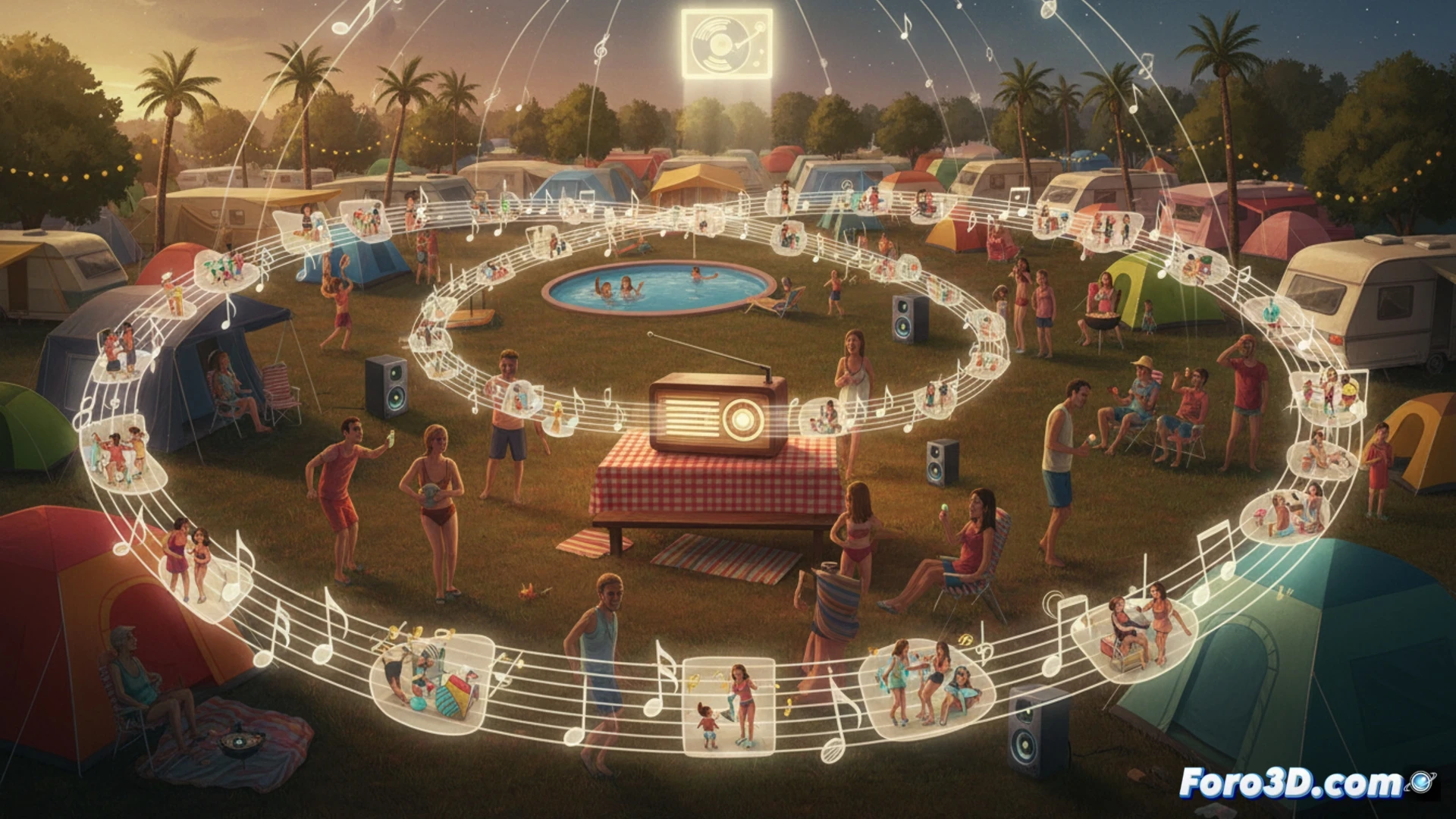 camping scene at dusk, portable bluetooth speakers and car radio antennas glowing with pulsing orange light, a single radio wave ripple spreading across the entire campsite, camper vans and tents arranged in concentric circles, people frozen mid-dance with identical body posture, all devices synced to the same invisible beat, aerial view showing the wave of sound passing through tents, picnic tables, and folding chairs, cinematic photorealistic illustration, golden hour lighting, warm amber tones, hyper-detailed textures on canvas and metal surfaces, dramatic shadows stretching across the grass, surreal collective trance atmosphere