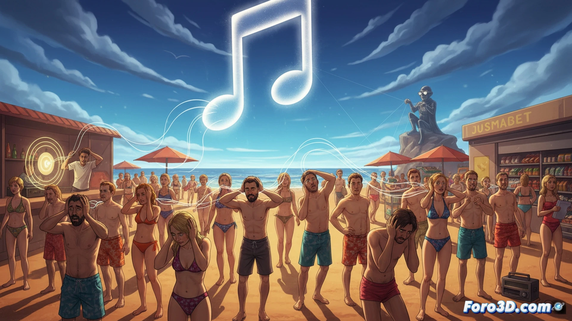 Photorealistic cinematic scene of a crowded beach at sunset, a giant smartphone floating in the sky displaying a music streaming app interface, glowing play button being pressed by an invisible hand, radio waves radiating from the phone toward sunbathers, people with headphones and earphones looking confused while the same melody note symbols float into their ears, a DJ booth on the sand with automated mixing software running on a laptop, the screen showing a playlist titled forced summer hits, sand grains and heat haze distorting the air, warm golden light, ultra-detailed textures, technical visualization of sound propagation