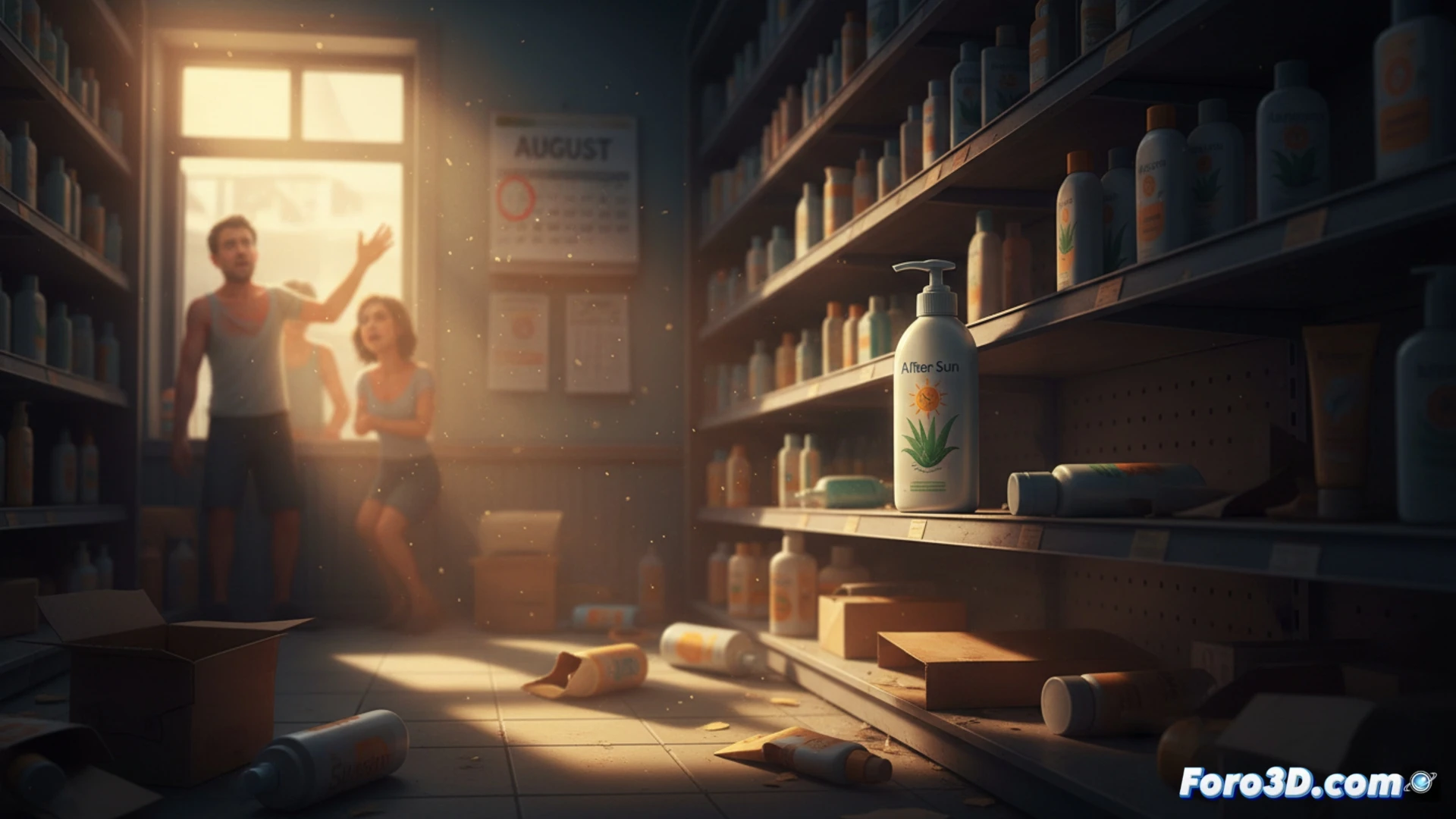 photorealistic scene of a pharmacy shelf in august, empty after-sun section with a single forgotten bottle, a customer with red sunburned shoulders desperately reaching for the last blue tube, while sunscreen shelves beside it remain fully stocked, contrasting empty and full spaces, dramatic side lighting from a window casting long shadows, dust particles floating in the sunbeam, soft focus on the blue tube label, high-end product photography style, ultra-detailed textures of plastic bottles and skin, cinematic composition