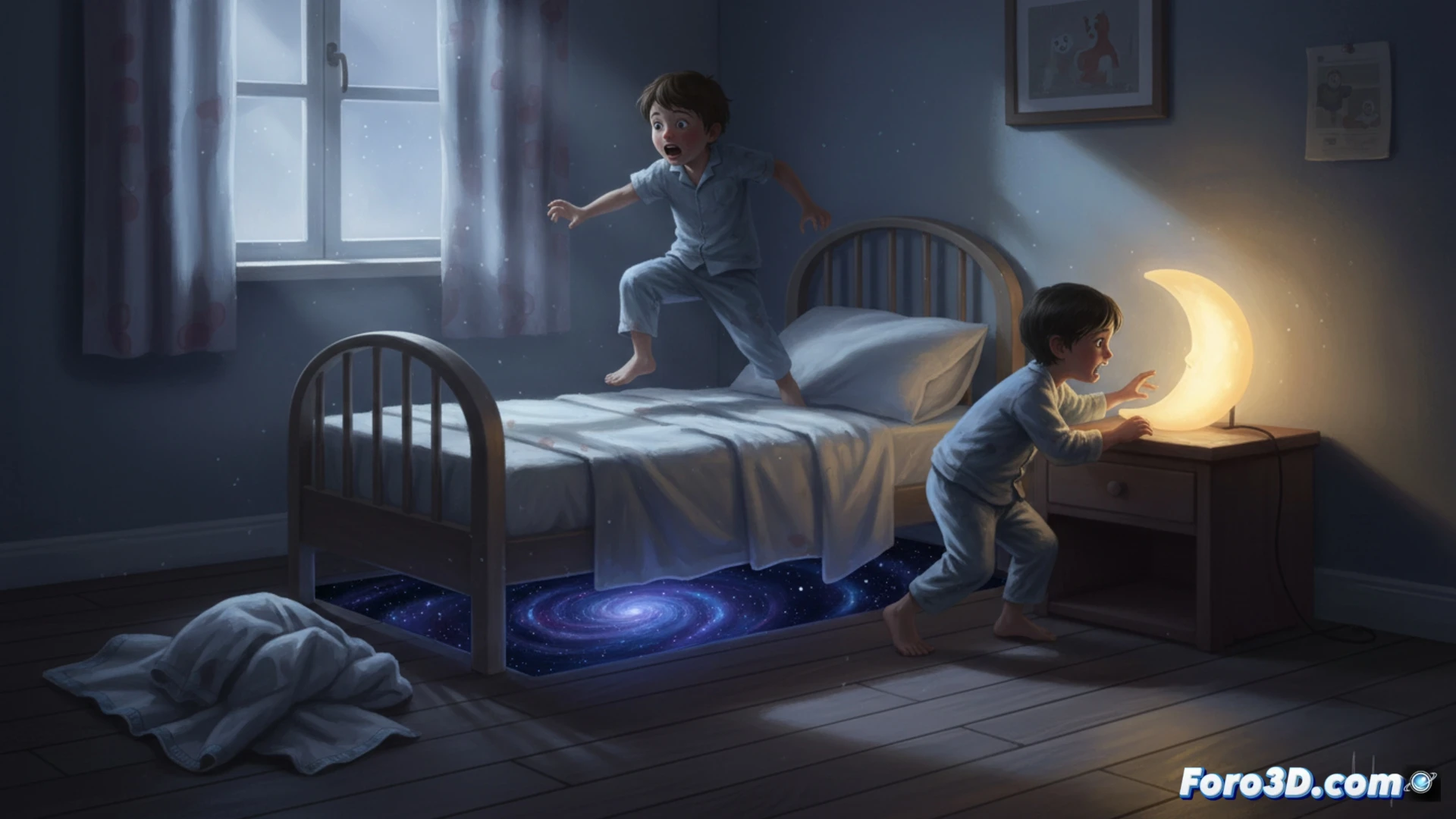 Sunlit summer bedroom, wet towel draped over wooden chair, child in damp swimsuit standing frozen at bedroom doorway, bed with rumpled sheets transformed into shadowy obstacle, toy cars and LEGO bricks scattered across floor, brain scan overlay showing amygdala activation in red, prefrontal cortex dimmed in blue, motion lines tracing child sprinting away from bed, cinematic neurodevelopmental visualization, warm golden light from window contrasting with cool blue shadows under bed, photorealistic medical illustration style, dust particles floating in sunbeams, hyperdetailed fabric textures