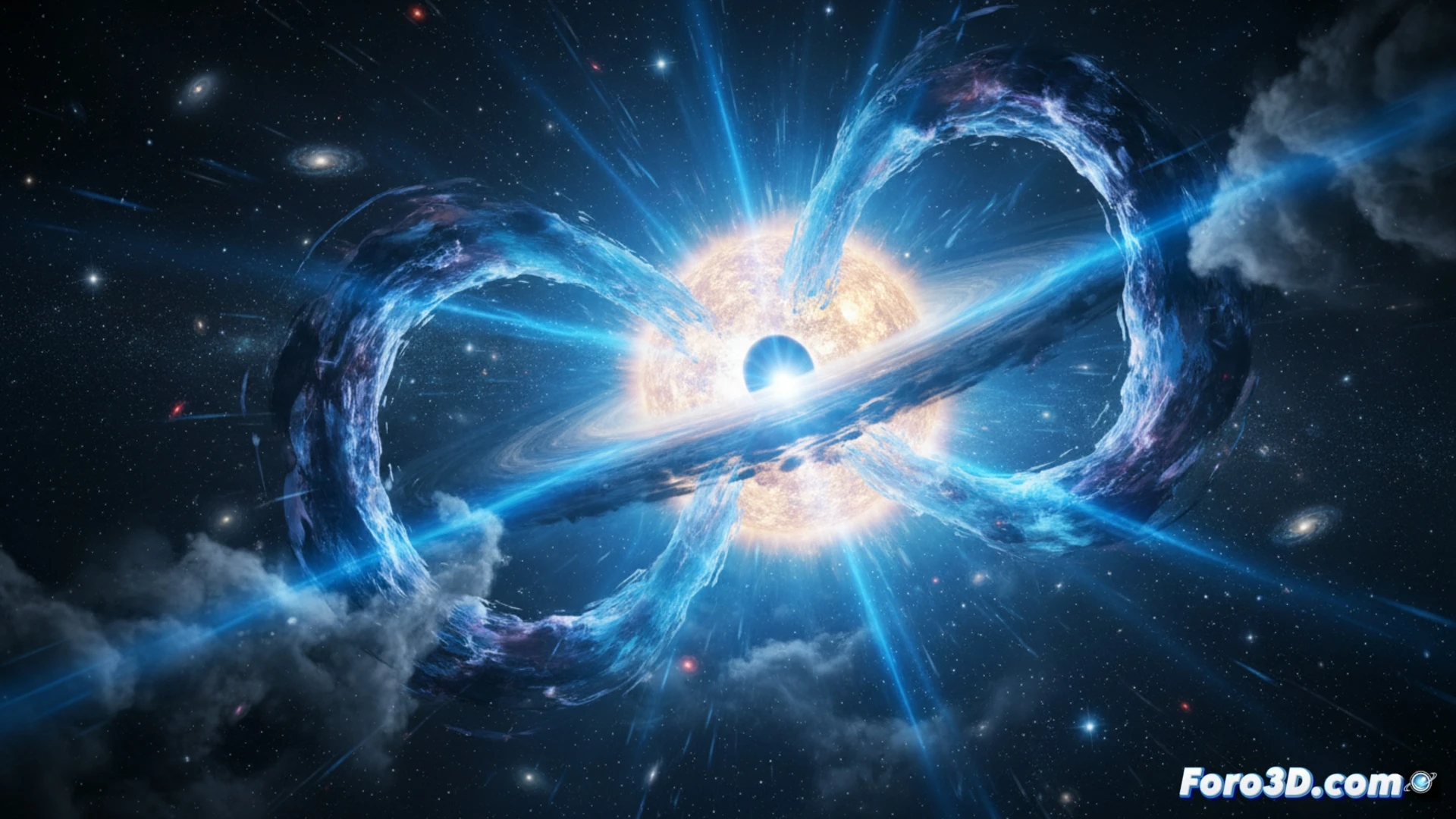 Una explosión azul intensa en el espacio, con un agujero negro y una estrella Wolf-Rayet colisionando, rodeados de polvo cósmico.
