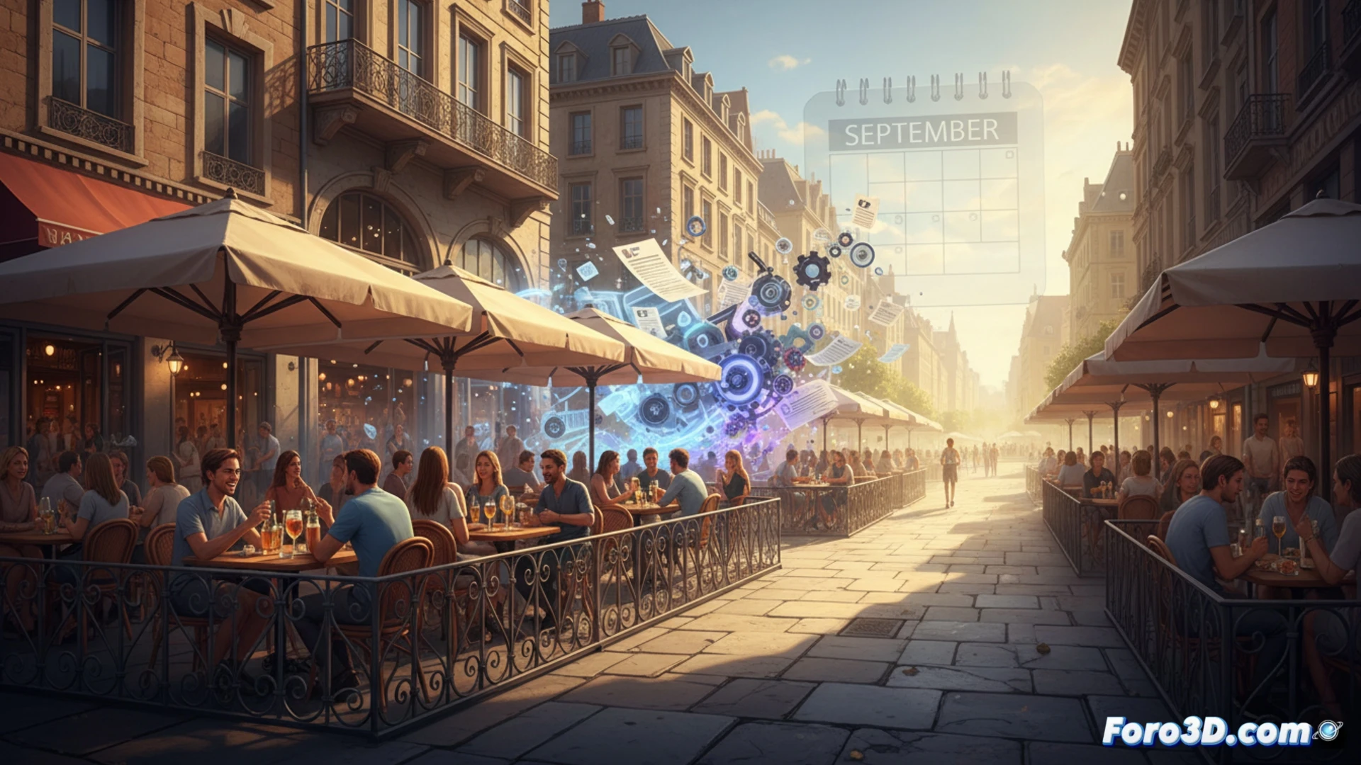 summer terrace furniture vanishing process, outdoor cafe tables and chairs being folded and stacked by waitstaff at dawn, retractable awnings retracting into metal housings, municipal workers removing temporary wooden platforms from sidewalk, early morning street cleaning truck spraying water on empty pavement, photorealistic urban scene, warm sunrise light contrasting with dark empty street, technical illustration style, concrete details of urban furniture removal, sequential action showing transformation from full to empty, hyperrealistic textures, cinematic depth of field