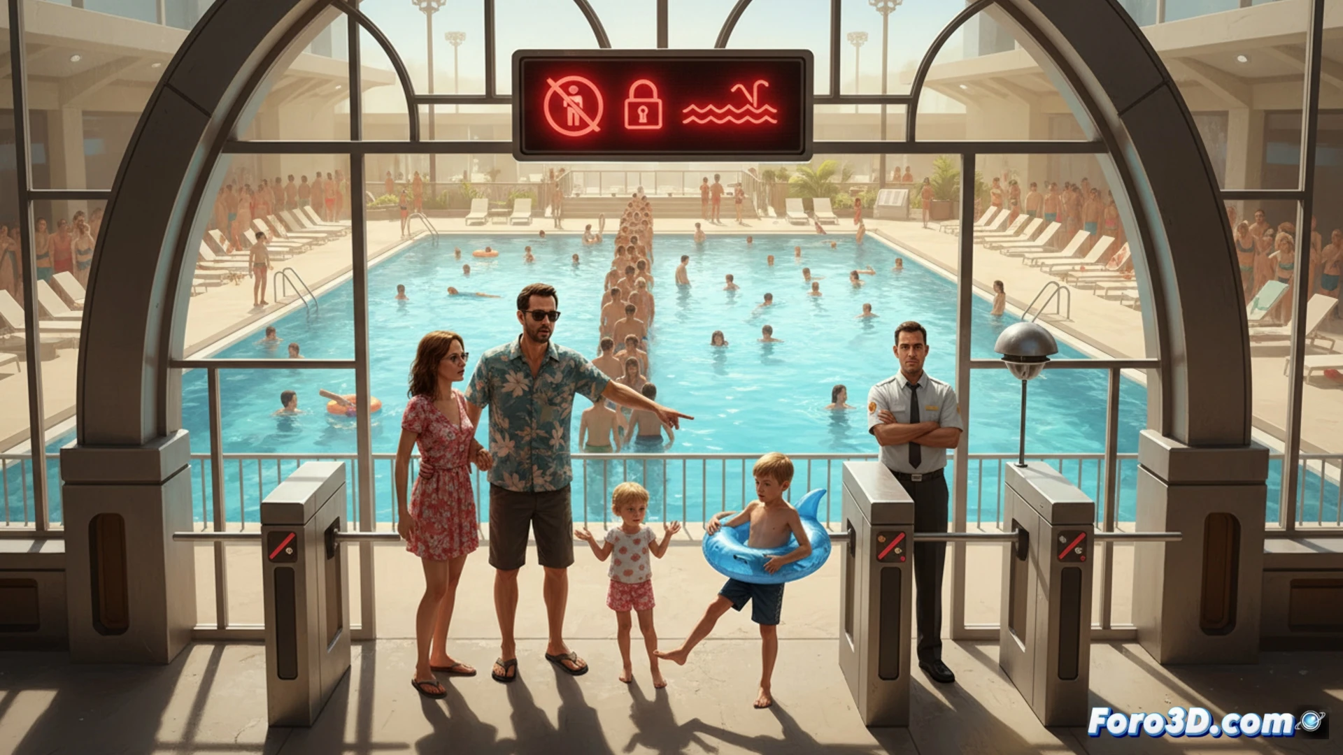 Sunlit municipal pool entrance, family arriving with towels and floaties stopped by a full capacity sign, digital access control system displaying red full icon on screen, turnstile locked mechanism highlighted, frustrated parent gesturing while children wait, technical illustration style, photorealistic render, bright summer daylight, clear shadows, detailed hardware components of the automated gate showing sensor array and status indicator, dramatic contrast between blue pool water visible through fence and blocked entry point, cinematic composition emphasizing the moment of denied access