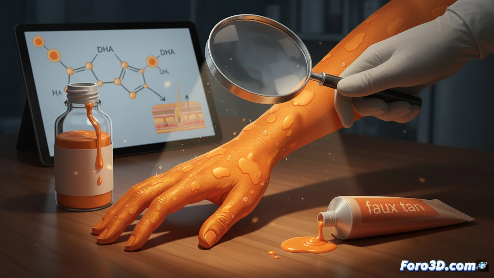 hyperrealistic skin cross-section macro shot, human epidermis with dead skin cells and dry patches absorbing a self-tanner chemical, reaction turning into bright fluorescent orange streaks, molecular DHA formula interacting with keratin proteins, medical illustration style, clinical white lighting, extreme macro detail, skin texture with uneven orange discoloration, scientific visualization, photorealistic technical render