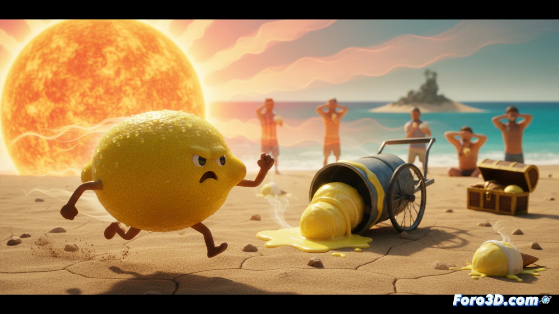 A giant lemon-shaped ice block melting rapidly under a blazing July sun at 40 degrees Celsius, casting long shadows on a beach boardwalk, while a small delivery drone hovers nearby carrying a refrigerated container labeled with frost patterns, showing cold air leaking from its seal, logistic failure visualized as a glowing red thermometer embedded in the lemon core rising above critical threshold, cinematic technical illustration, photorealistic engineering visualization, dramatic midday glare, heat haze distorting background, ultra-detailed condensation droplets on the drone’s cooling fins, action of sublimation and thawing demonstrated with vapor trails
