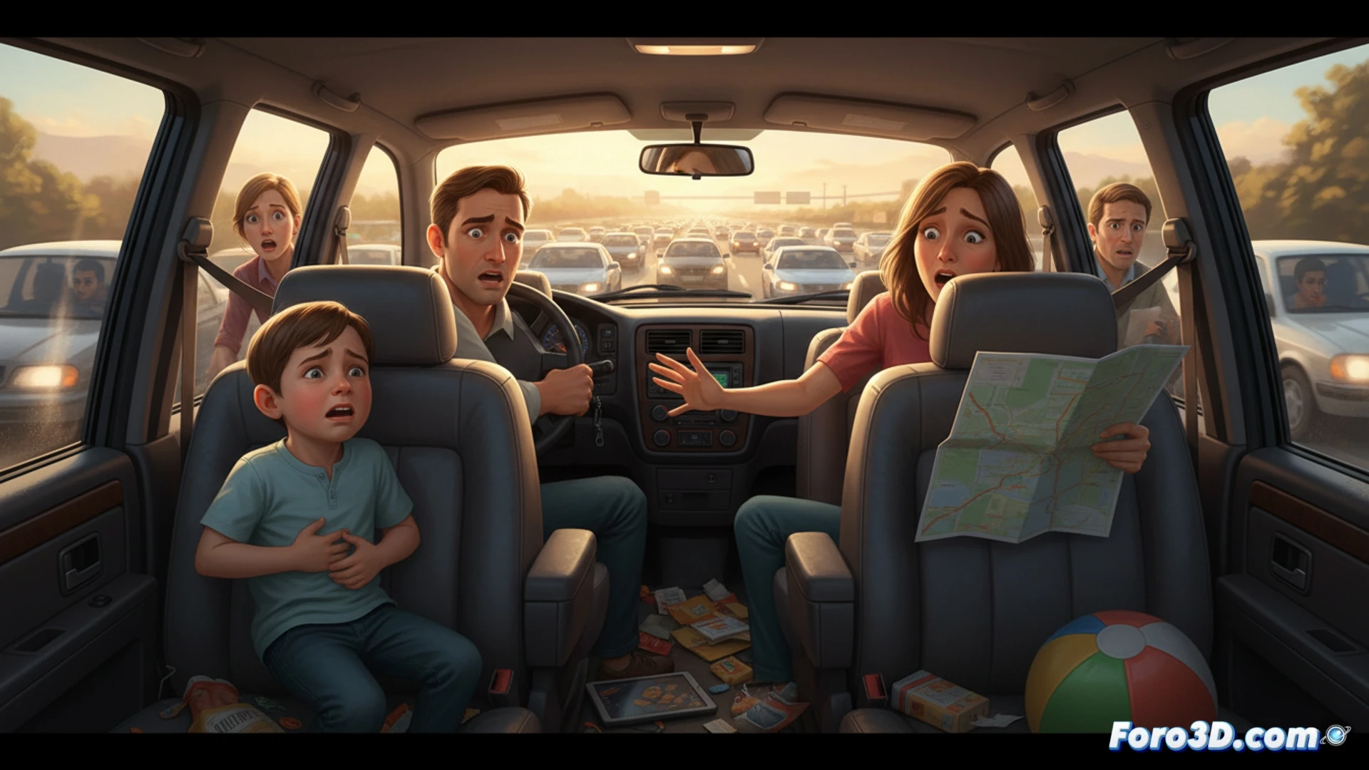 Photorealistic cinematic scene of a minivan stuck in a summer traffic jam on a sun-baked highway, rear seat child urgently twisting and pressing hands against crotch while father glances nervously at rearview mirror, dashboard GPS showing endless red traffic line, air conditioning vents blowing hot air, empty water bottles scattered on floor, sweat droplets on windows, golden sunset glare reflecting off stationary cars ahead, ultra-detailed interior materials, warm oppressive atmosphere, dramatic lighting from low sun, claustrophobic family road trip tension, hyperrealistic automotive interior render.